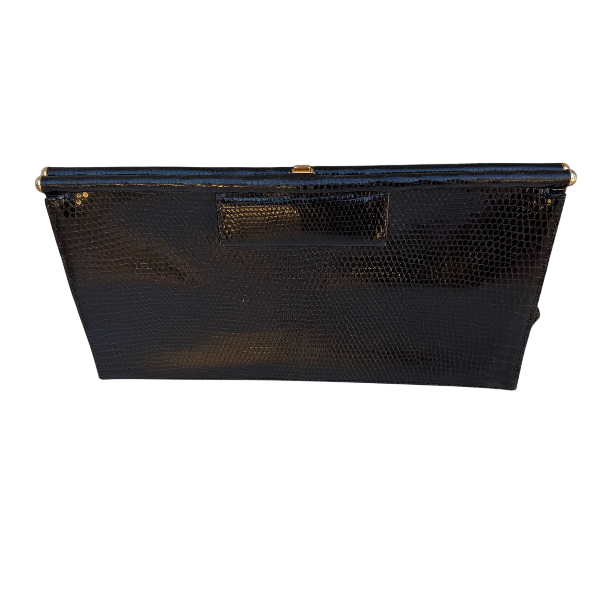 Donna Karan Vintage Black Genuine Lizard Leather Clasp Clutch Purse Snap Closure