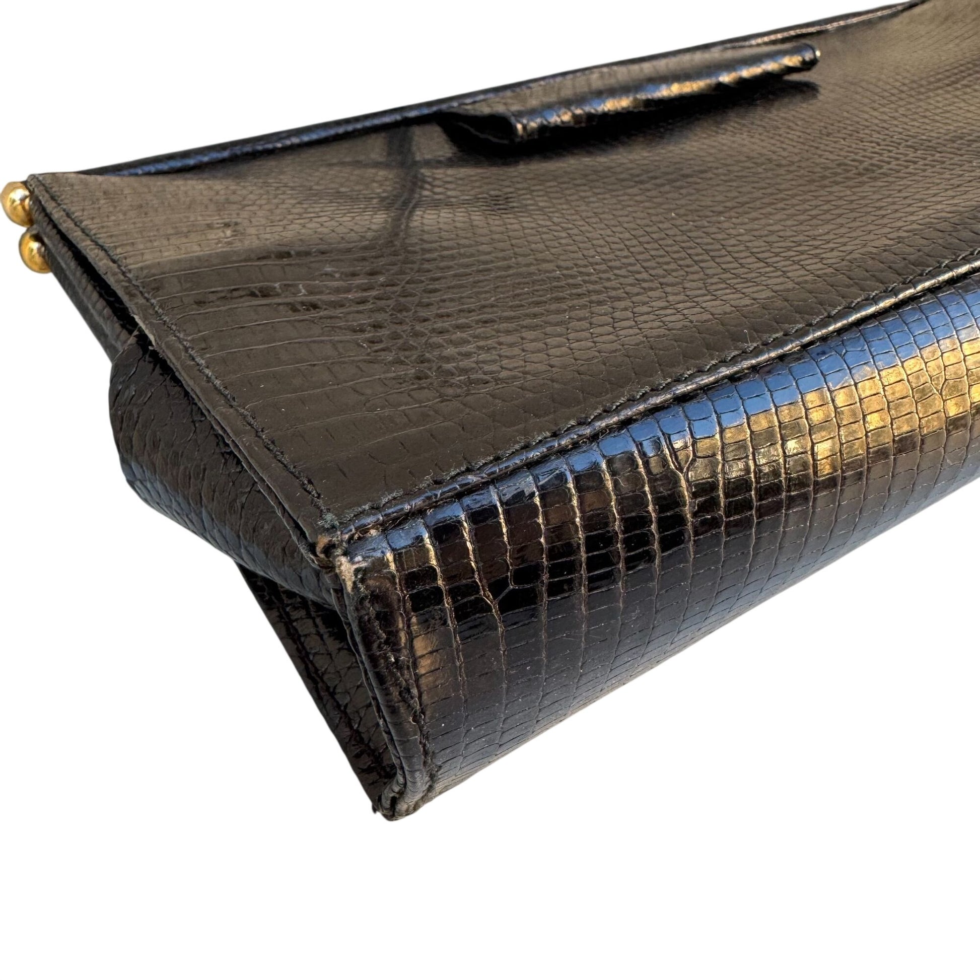 Donna Karan Vintage Black Genuine Lizard Leather Clasp Clutch Purse Snap Closure