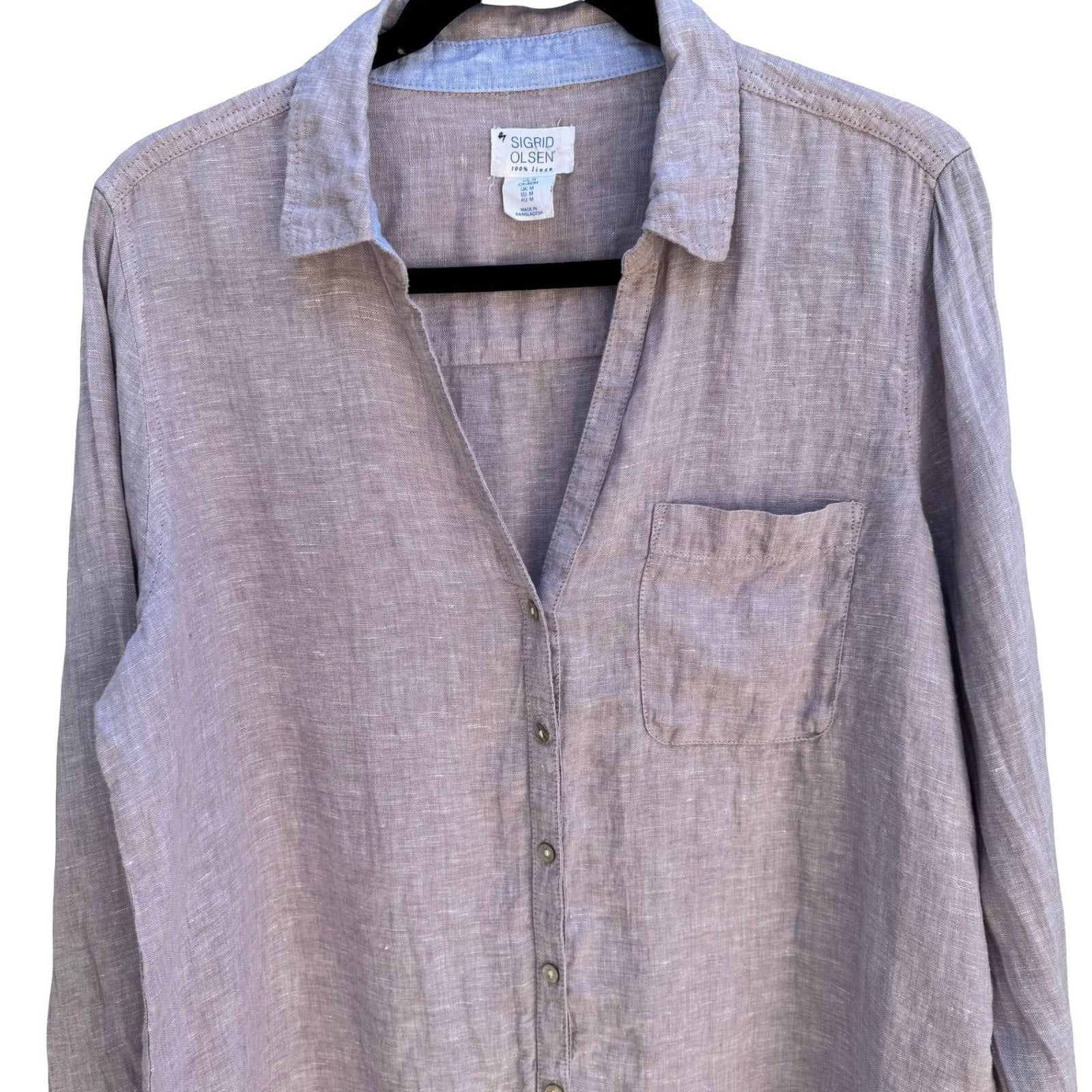 Sigrid Olsen 100% Linen Coastal Roll Tab Lagenlook Shirt Lavender Grey Womens M