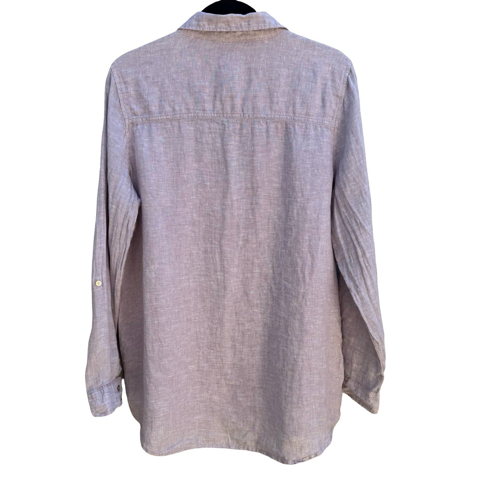 Sigrid Olsen 100% Linen Coastal Roll Tab Lagenlook Shirt Lavender Grey Womens M