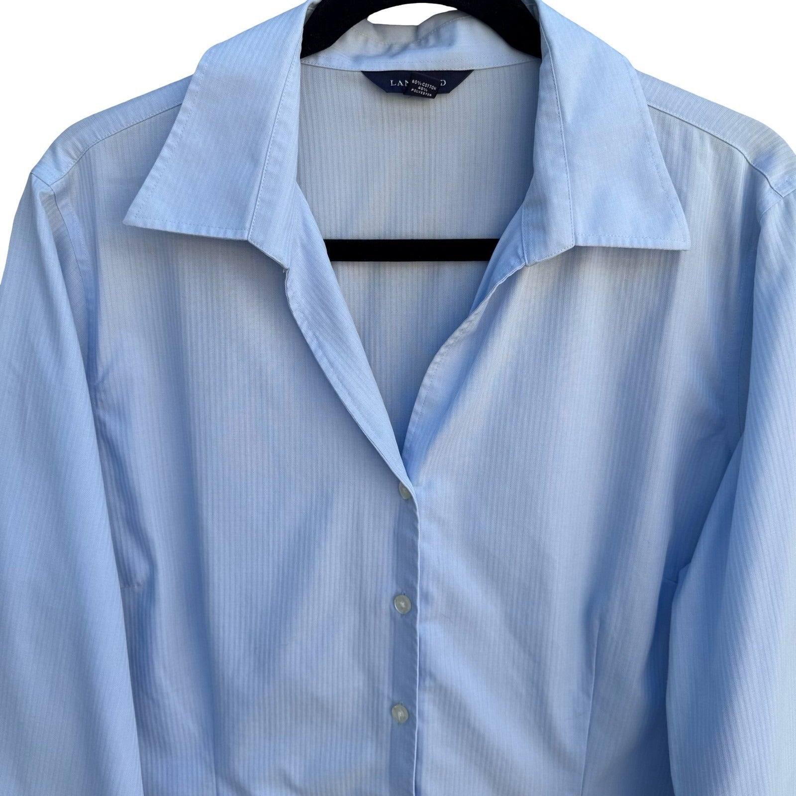 Lands End Womens 16 Light Blue Herringbone Stripe 3/4 Sleeve Button Down Shirt