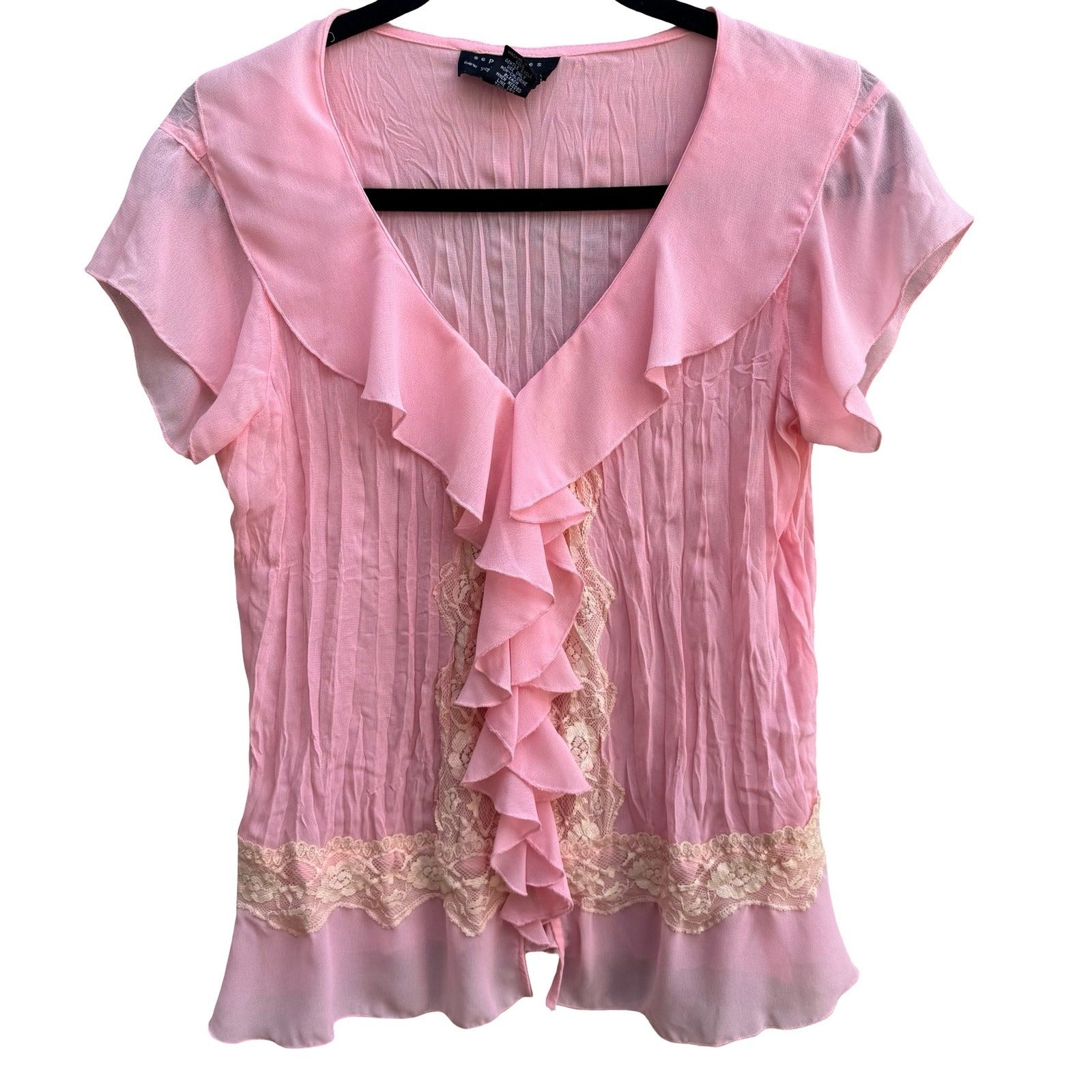 Separates Coquette Balletcore Fairycore Pastel Pink Crinkle Ruffle Lace Blouse L