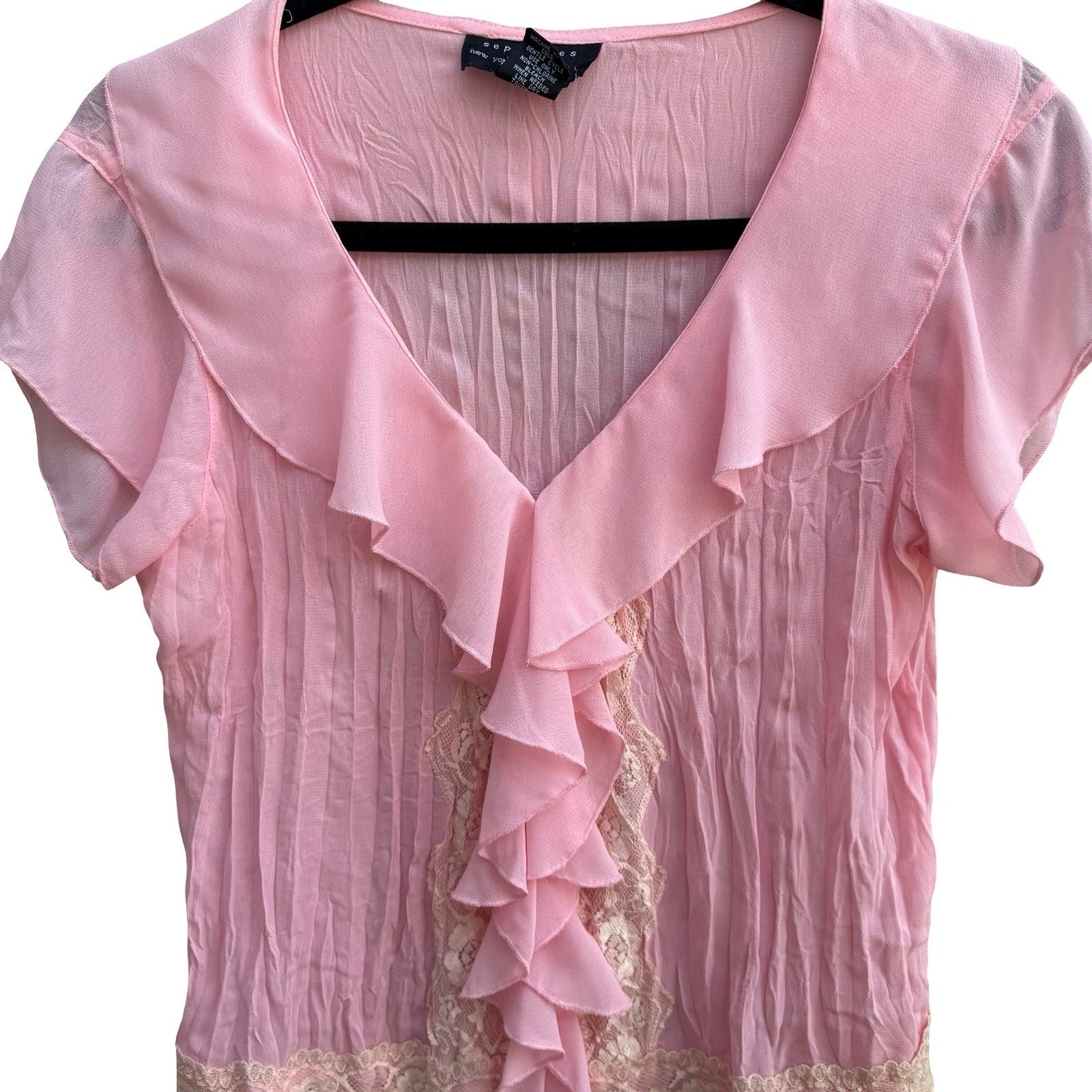 Separates Coquette Balletcore Fairycore Pastel Pink Crinkle Ruffle Lace Blouse L
