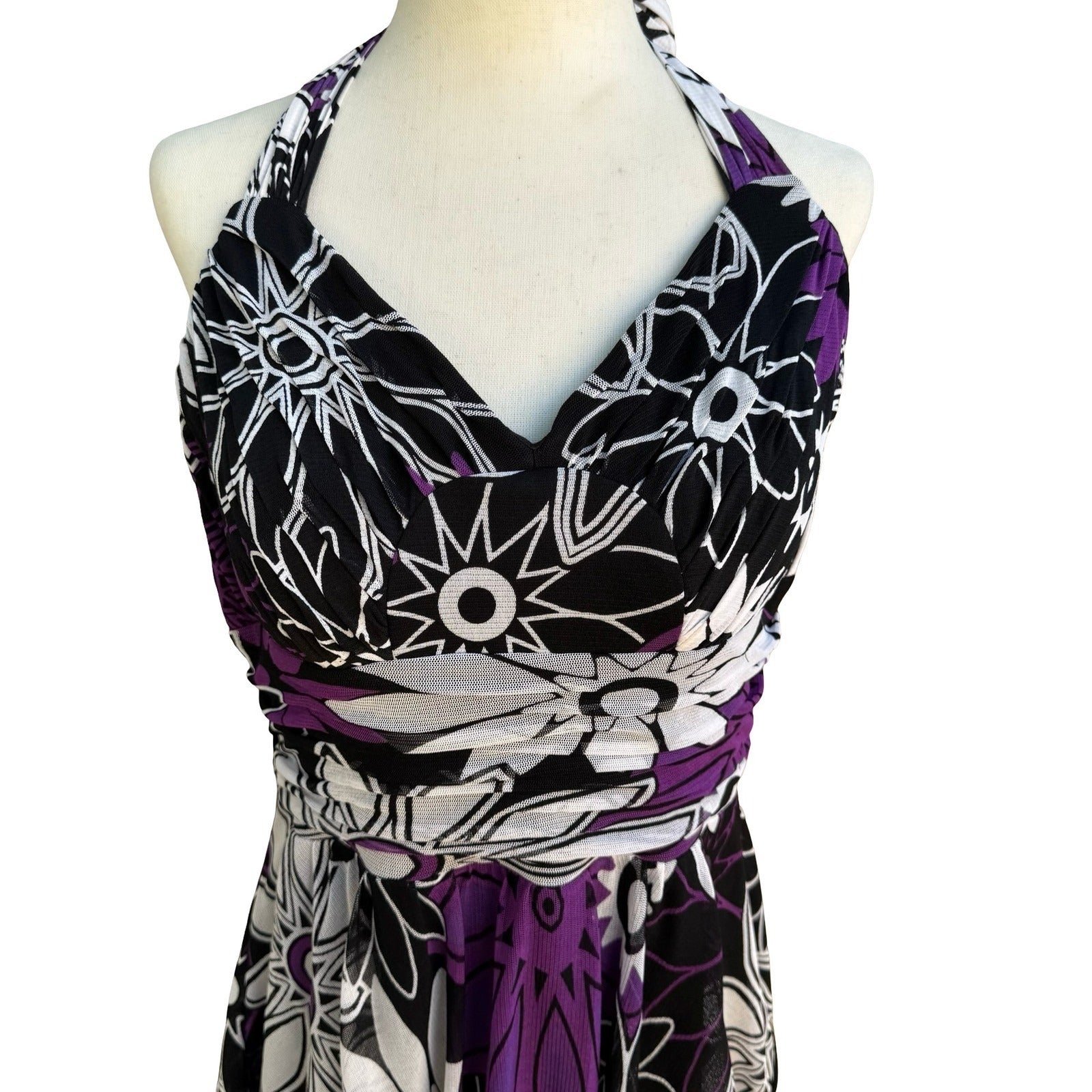 Sangria Y2K Tropical Floral Sunburst Cruise Wear Ruched Halter Midi Dress 14