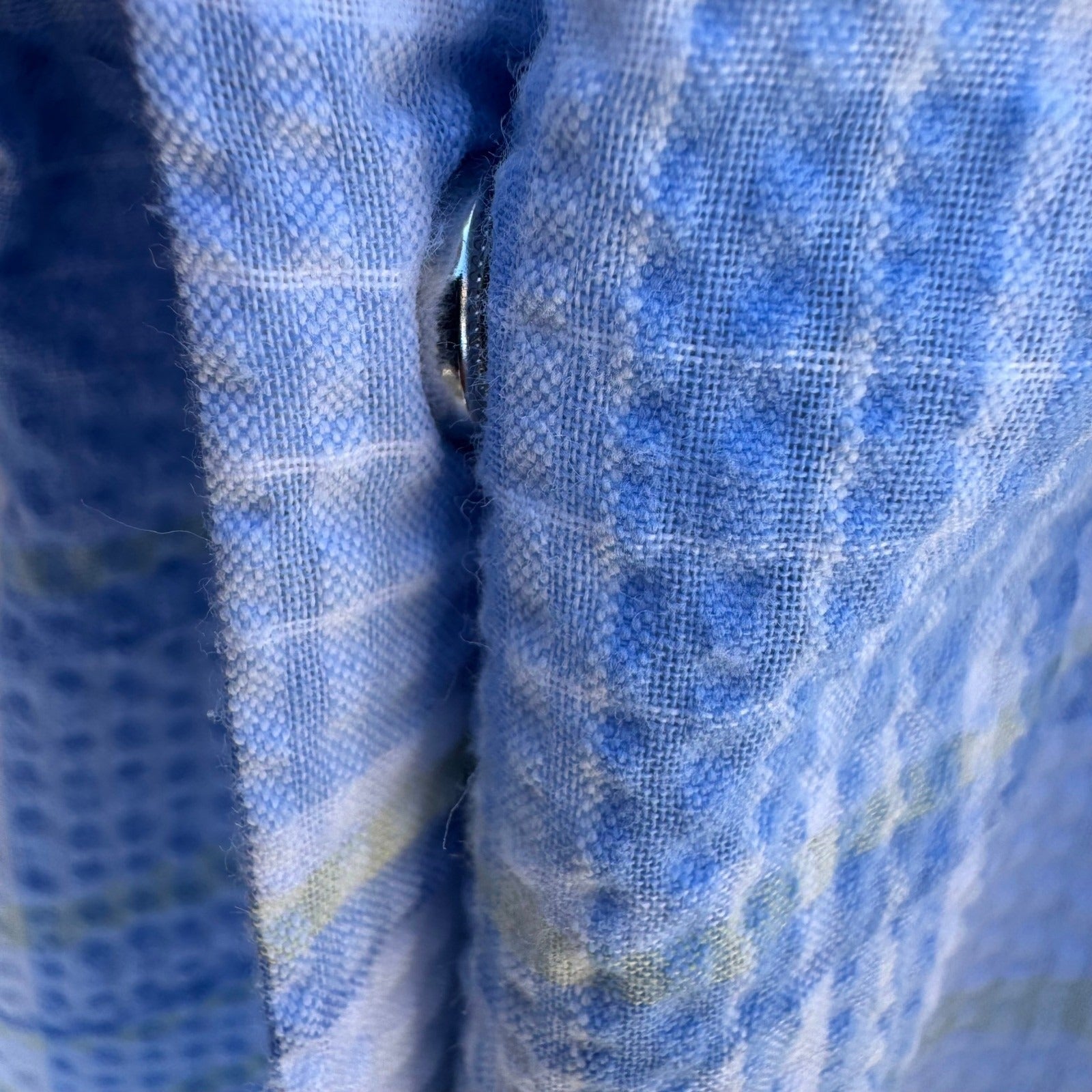 Miss Elaine Blue Plaid Seersucker Snap Front Duster House Dress Floral L Cottage