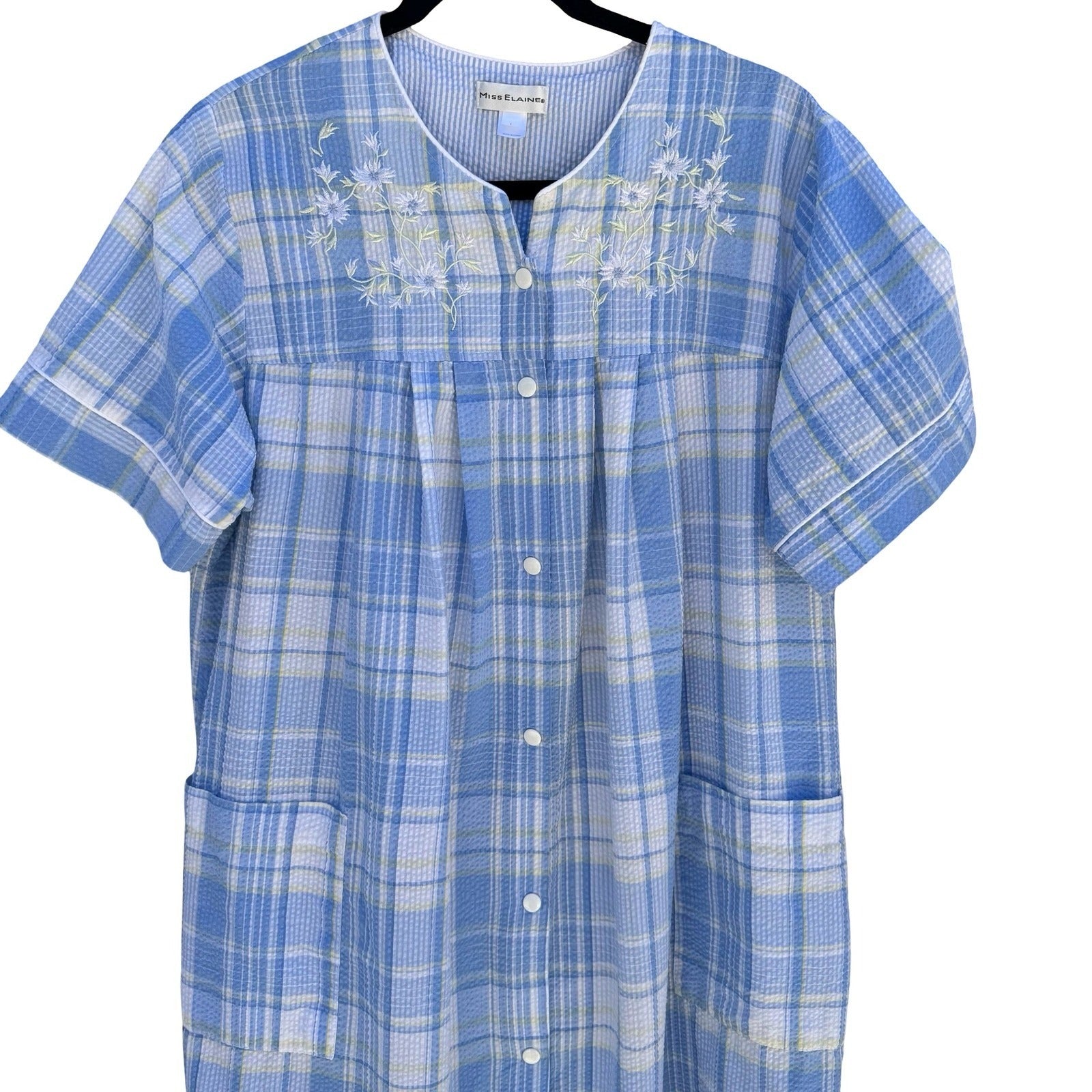 Miss Elaine Blue Plaid Seersucker Snap Front Duster House Dress Floral L Cottage