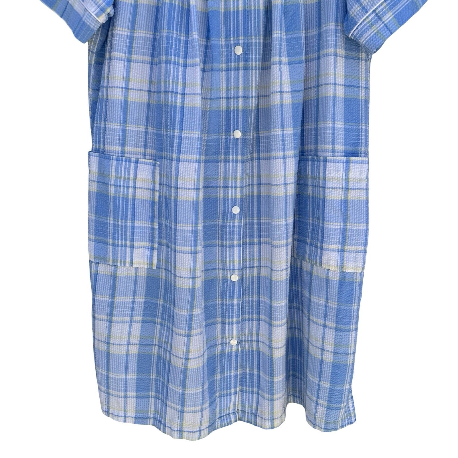 Miss Elaine Blue Plaid Seersucker Snap Front Duster House Dress Floral L Cottage