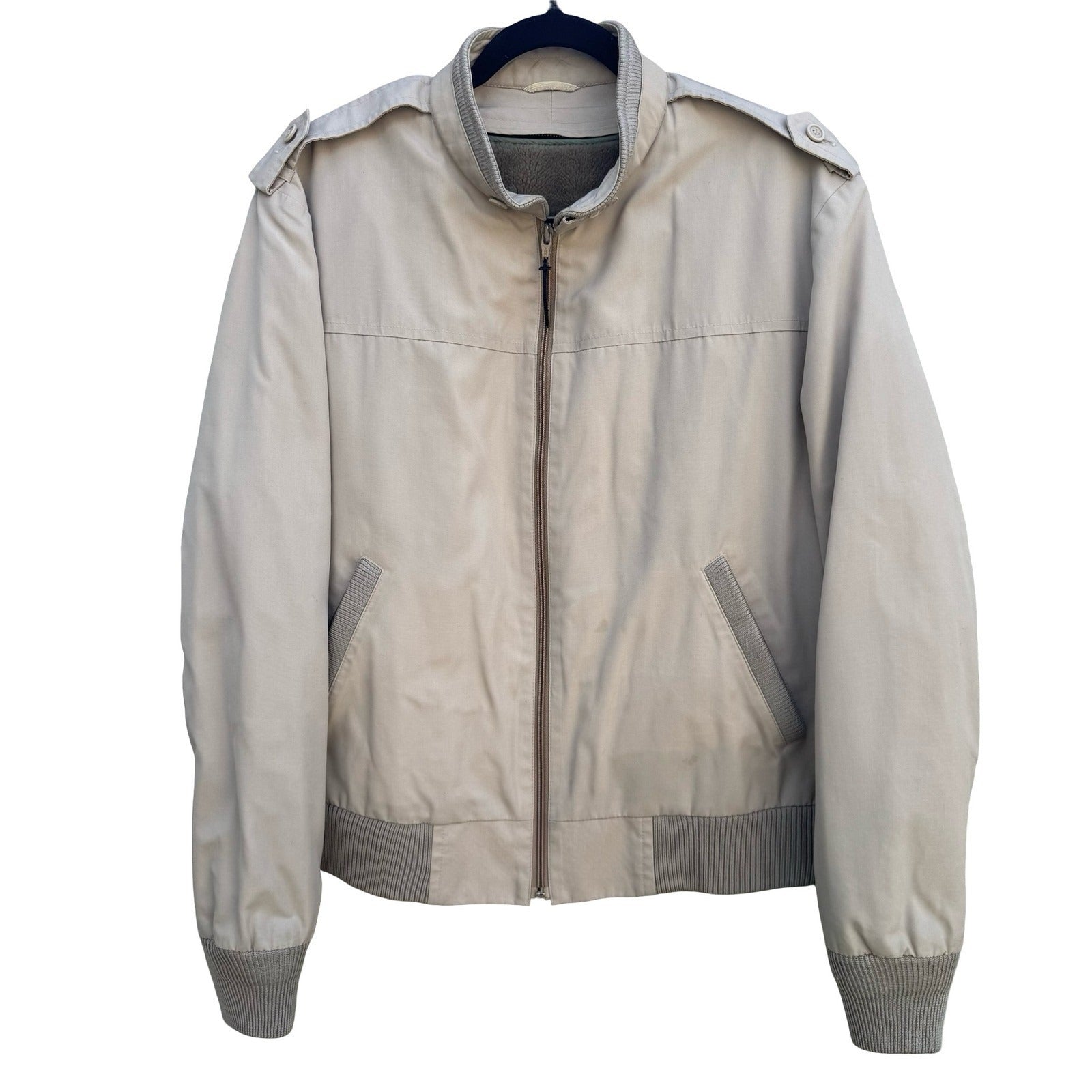 London Fog Vintage 80s Harrington Jacket Tan Beige Full Zip Epaulets Mens 42 Reg