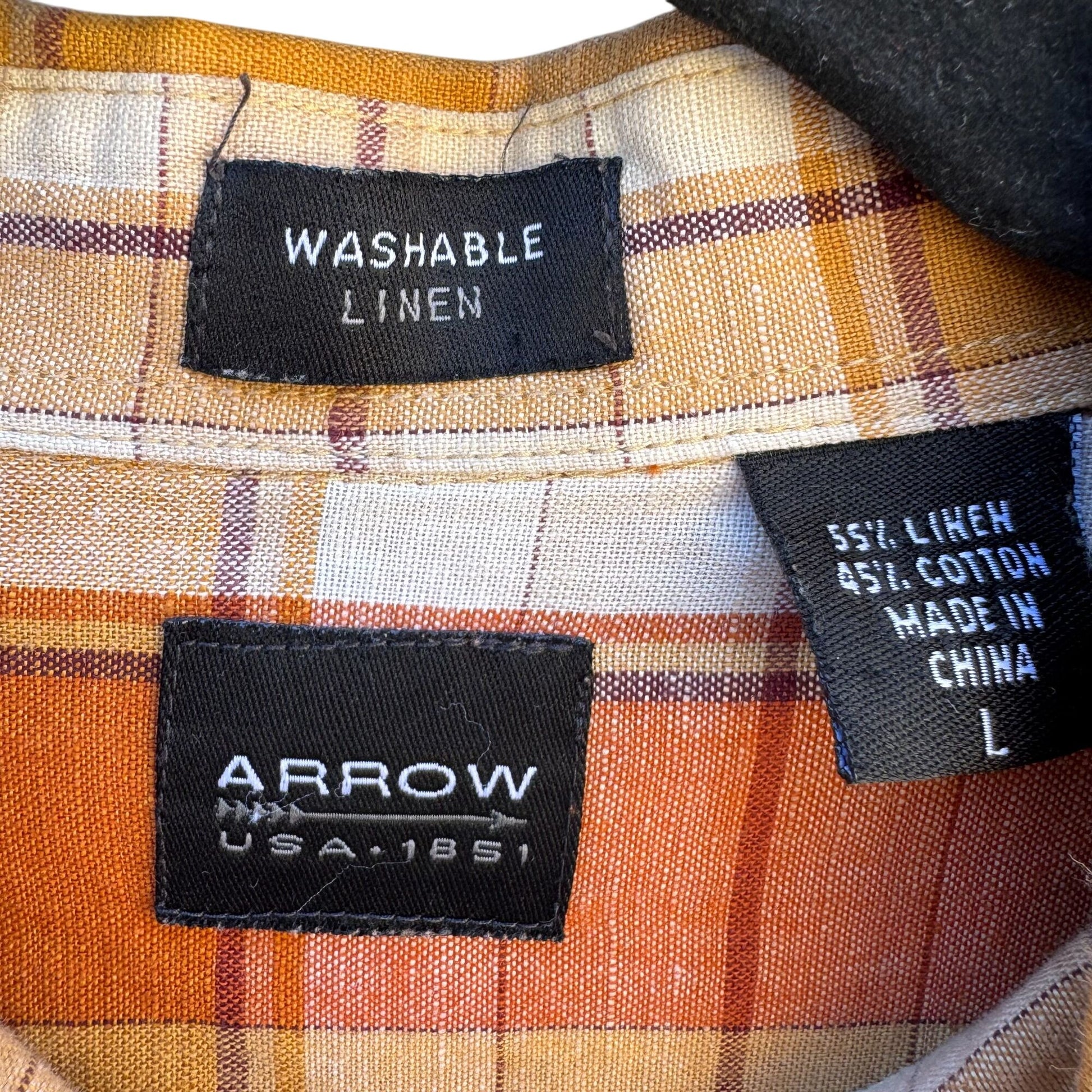 Arrow Mens Orange Plaid Linen Cotton Short Sleeve Button-Up Short Sleeve Shirt L
