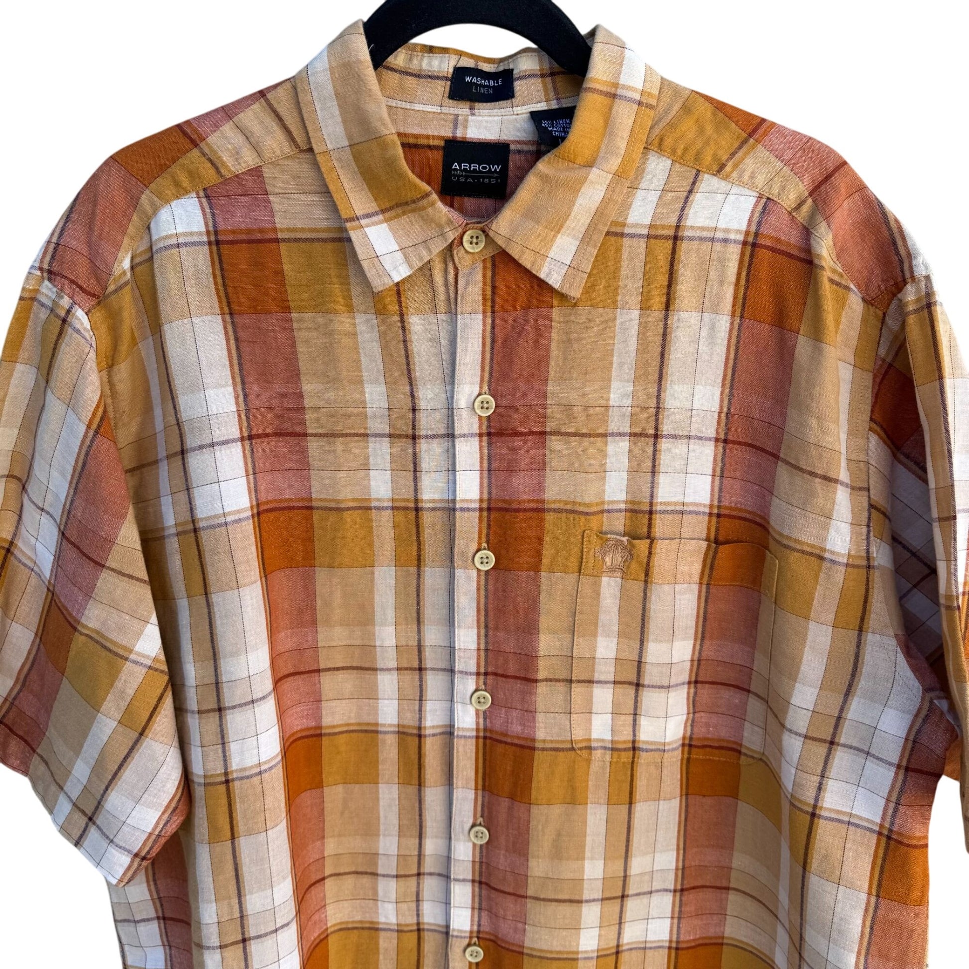 Arrow Mens Orange Plaid Linen Cotton Short Sleeve Button-Up Short Sleeve Shirt L