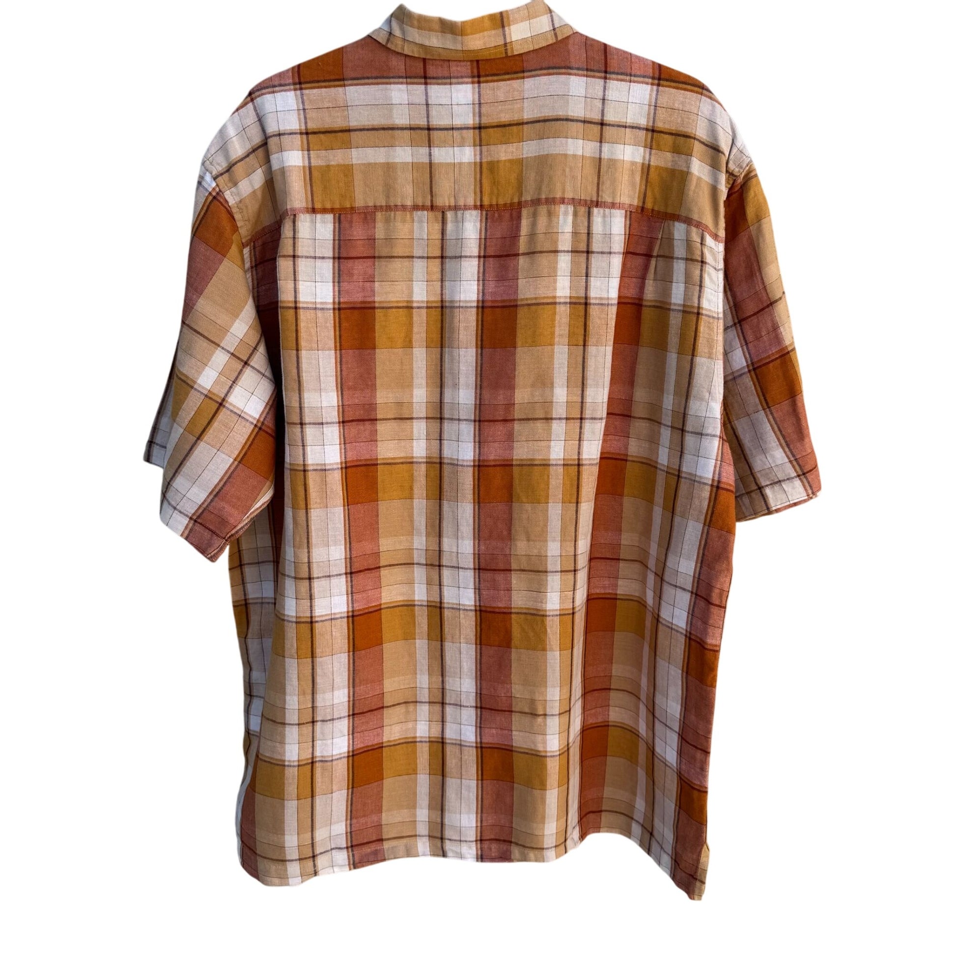 Arrow Mens Orange Plaid Linen Cotton Short Sleeve Button-Up Short Sleeve Shirt L