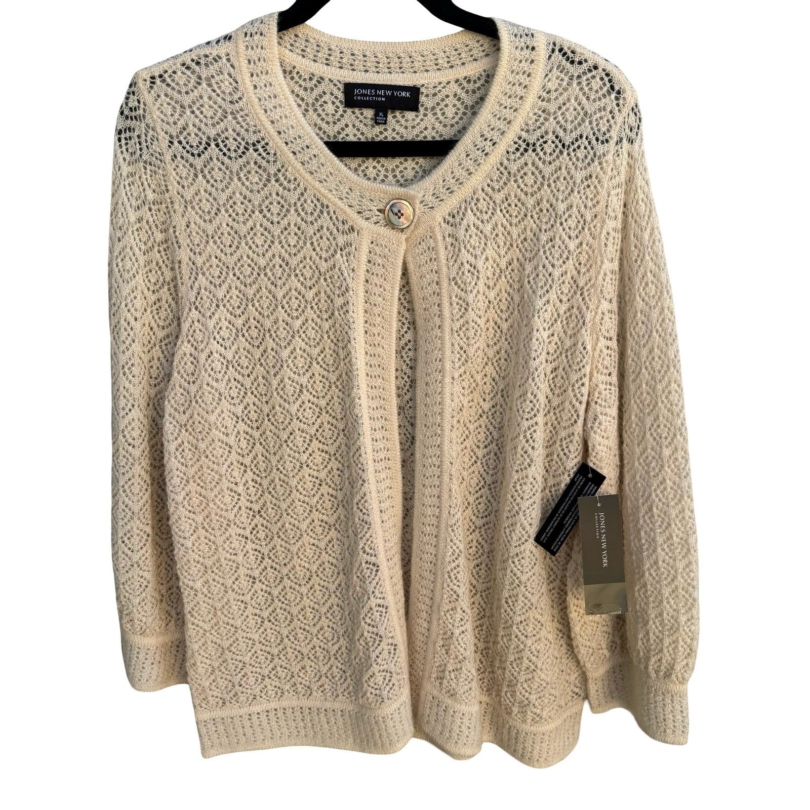 Jones New York Collection Claremont Mohair Blend Pointelle Cardigan XL Cream NEW