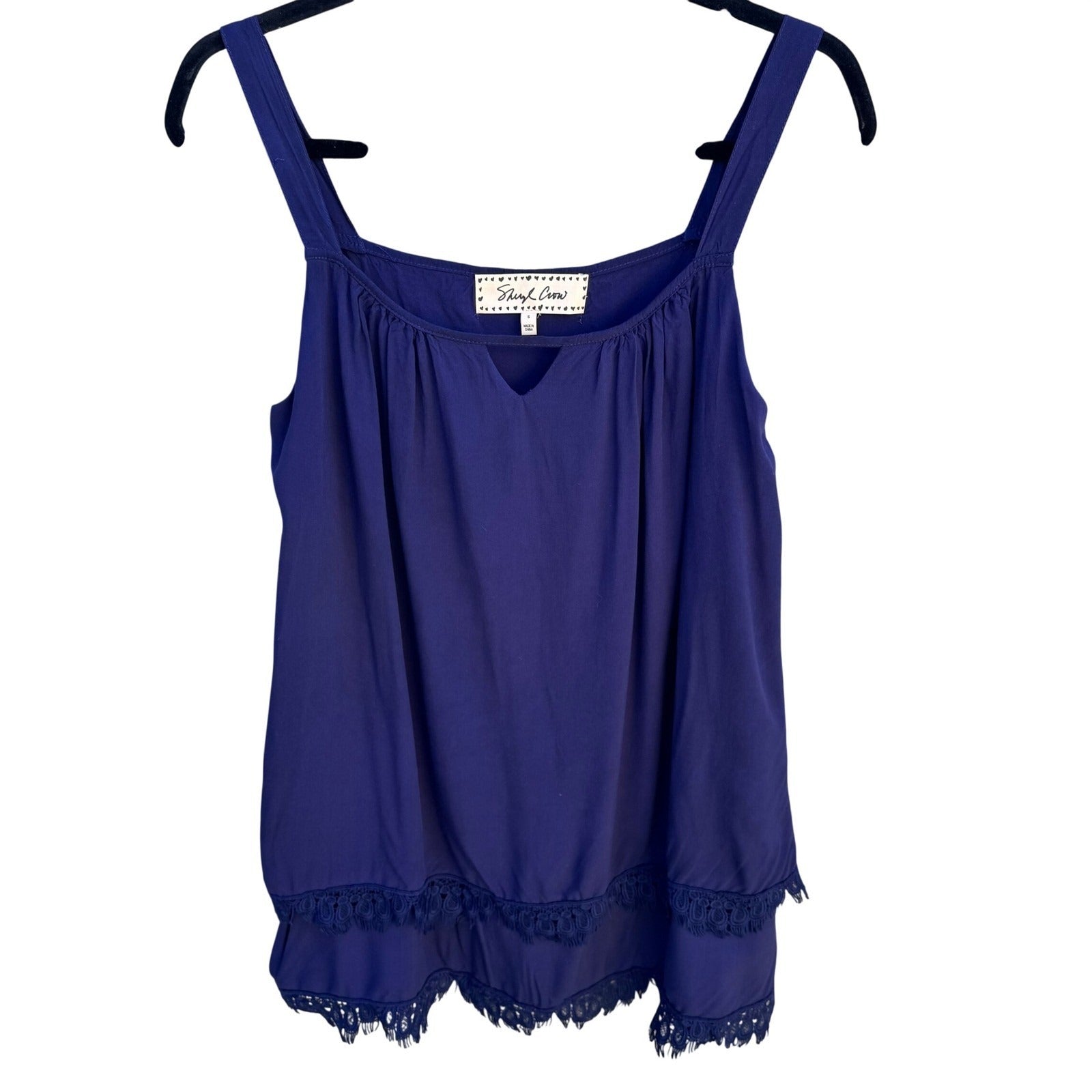 Sheryl Crow Navy Blue Crochet Lace Layered Hem Sleeveless Tank Top Womens Small
