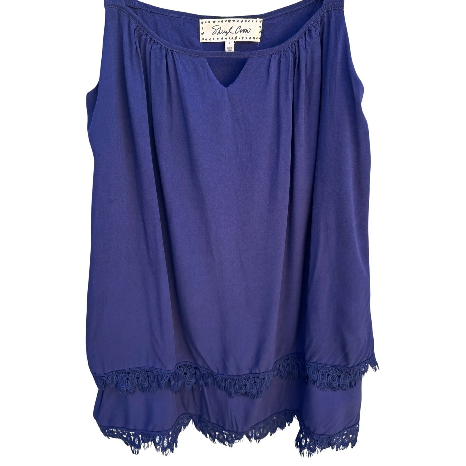 Sheryl Crow Navy Blue Crochet Lace Layered Hem Sleeveless Tank Top Womens Small