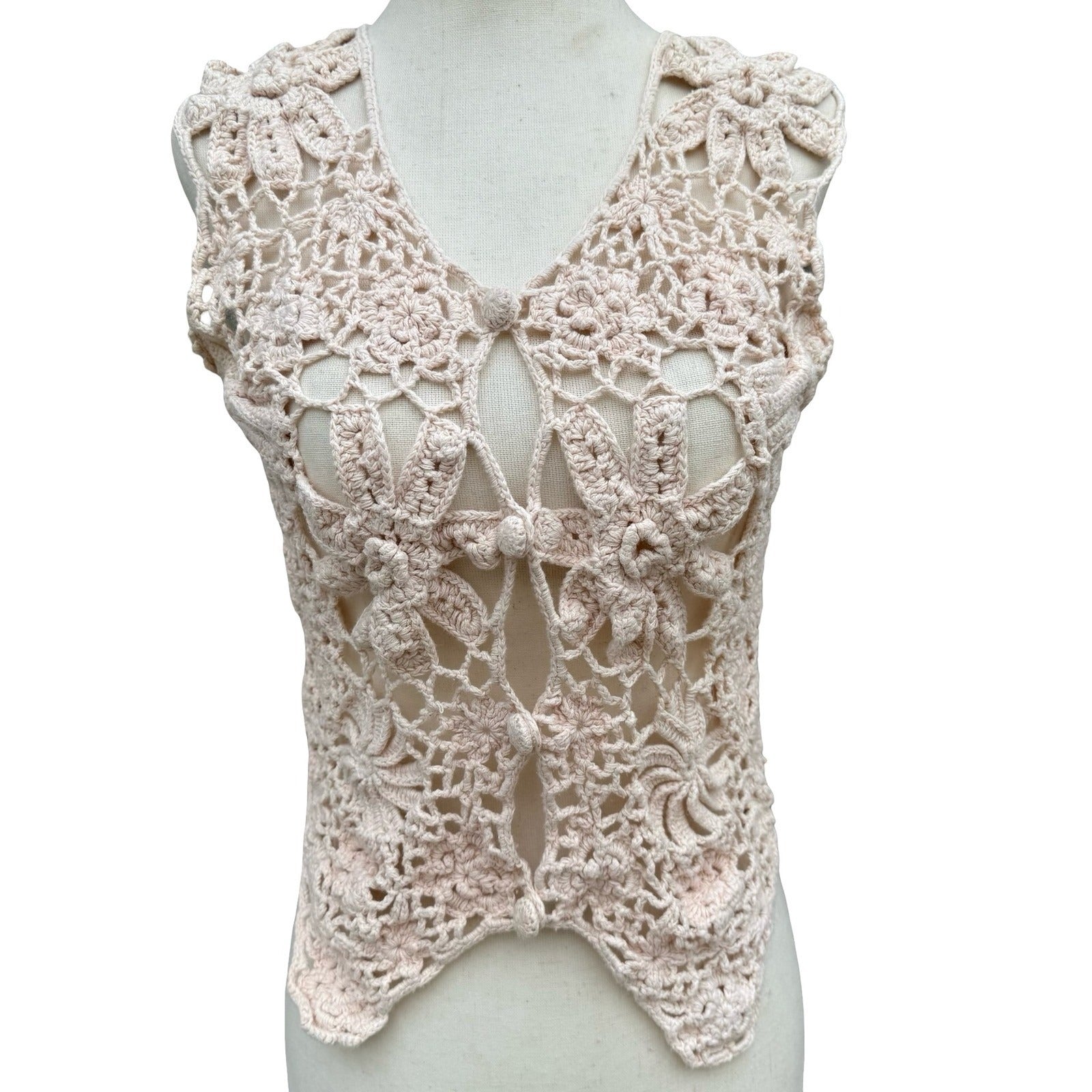One Step Up Vintage Y2K Tan Crochet Floral Hand Knitted Vest OS Cottage Festival