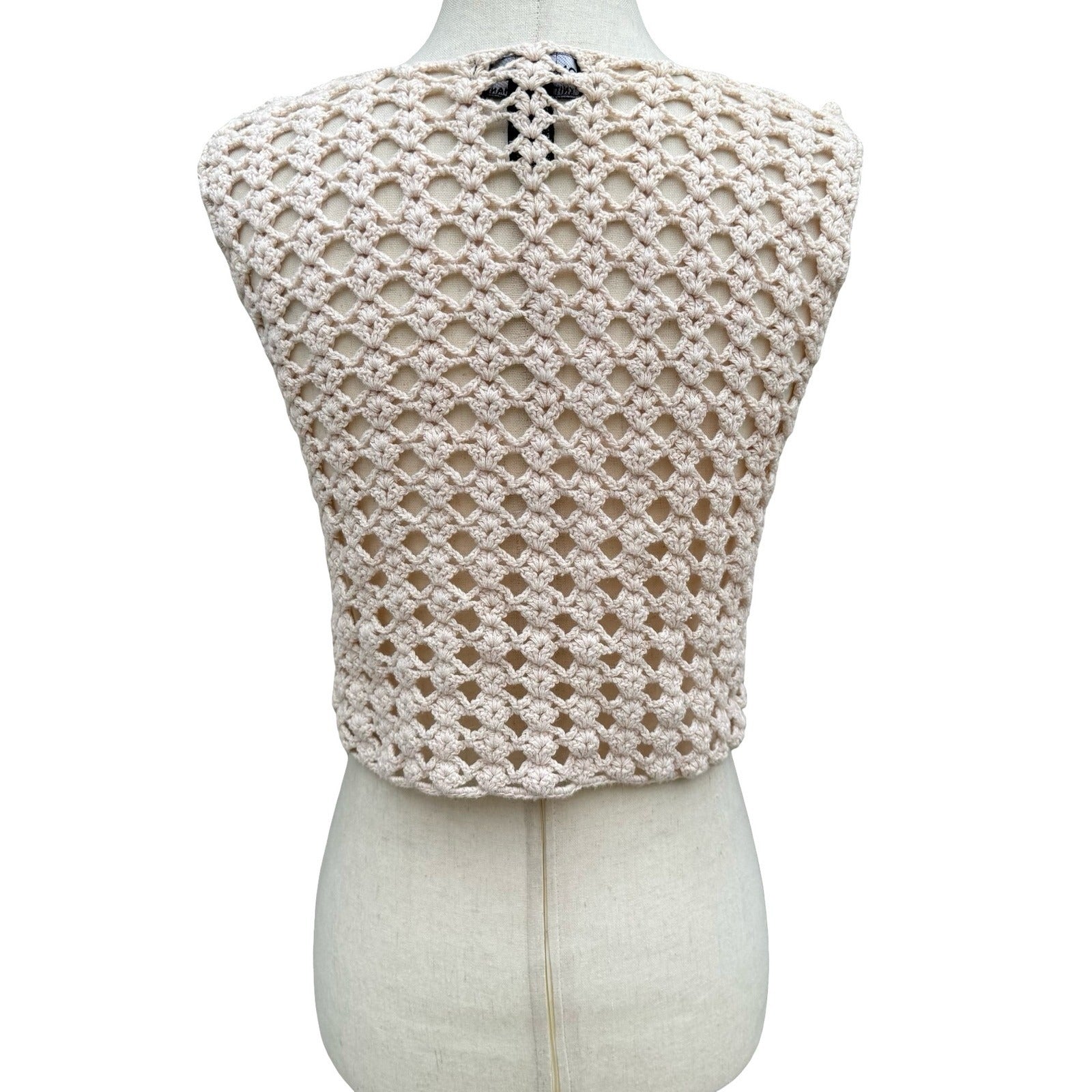 One Step Up Vintage Y2K Tan Crochet Floral Hand Knitted Vest OS Cottage Festival