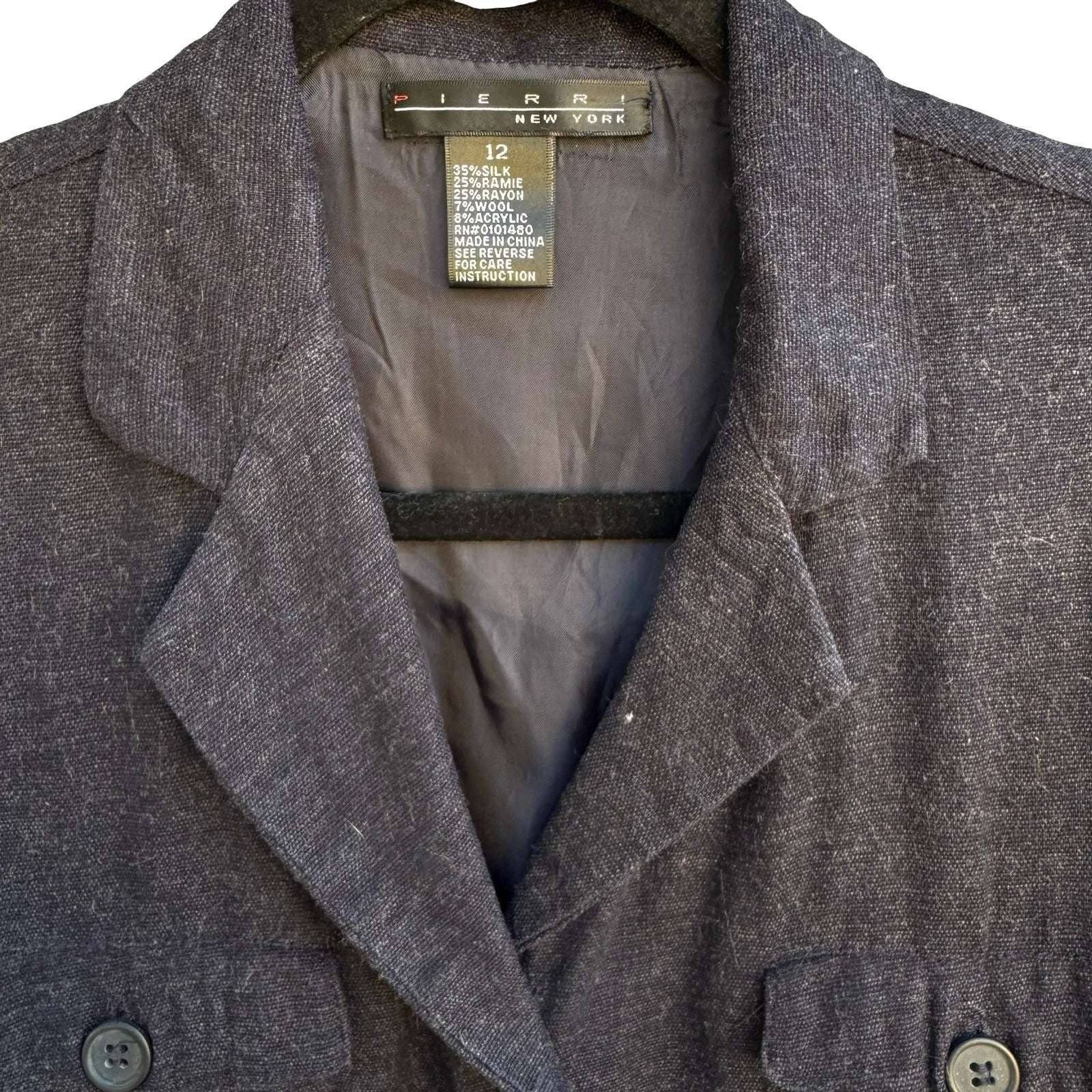 Pierri New York Silk Wool Blend Tailored Minimalist Jacket Charcoal Womens 12