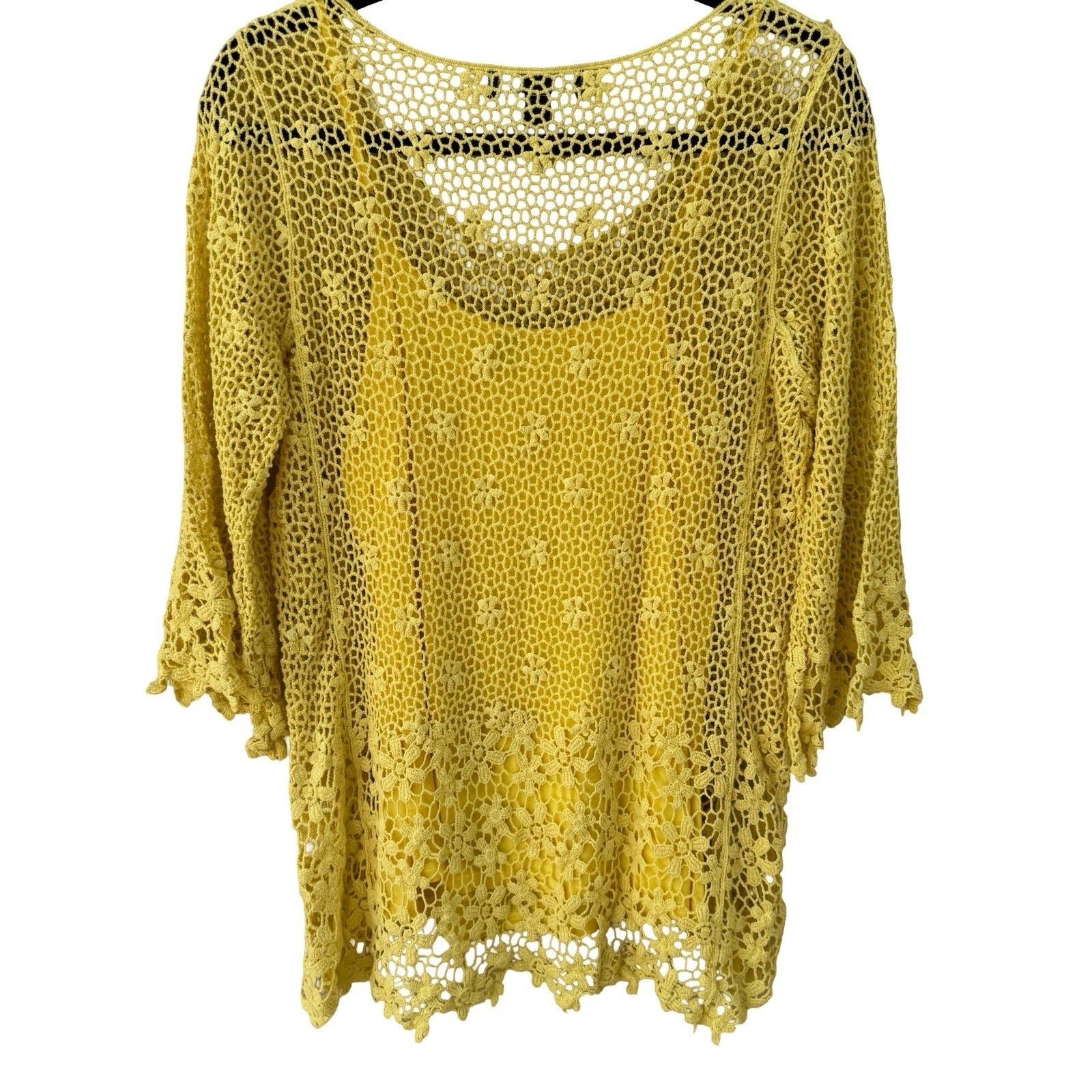 Midnight Velvet Yellow Floral Crochet Knit Top Cami Set Size Large Bell Sleeve