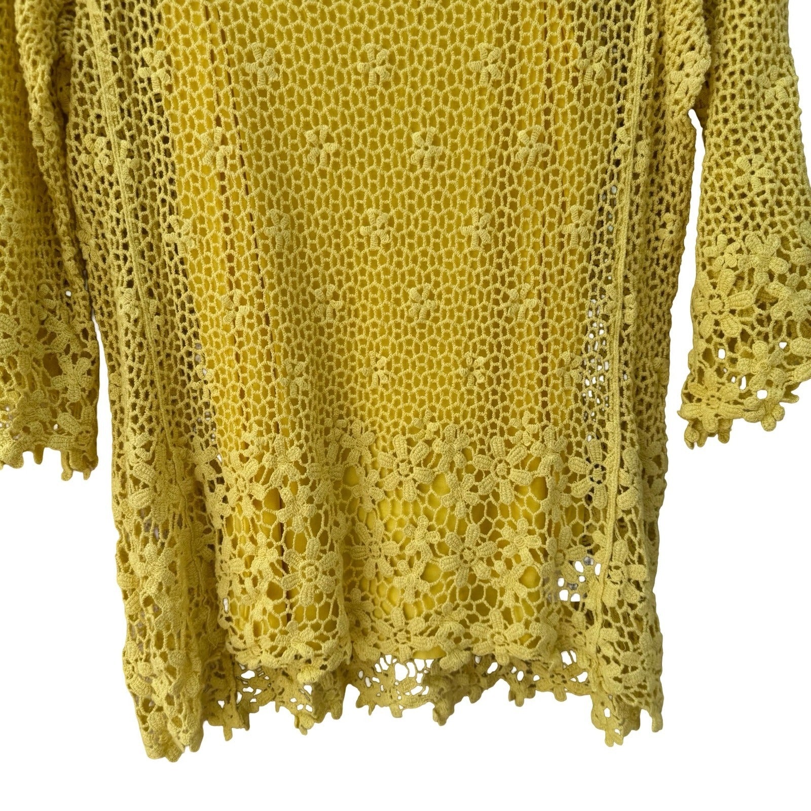 Midnight Velvet Yellow Floral Crochet Knit Top Cami Set Size Large Bell Sleeve