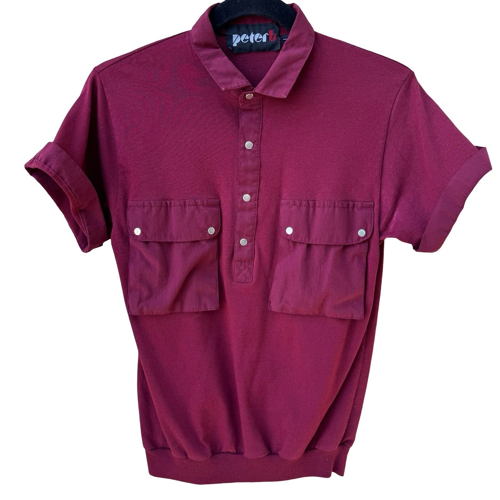 Peter B Vintage 70s Burgundy Utility Polo Shirt Cargo Pockets Banded Hem Small
