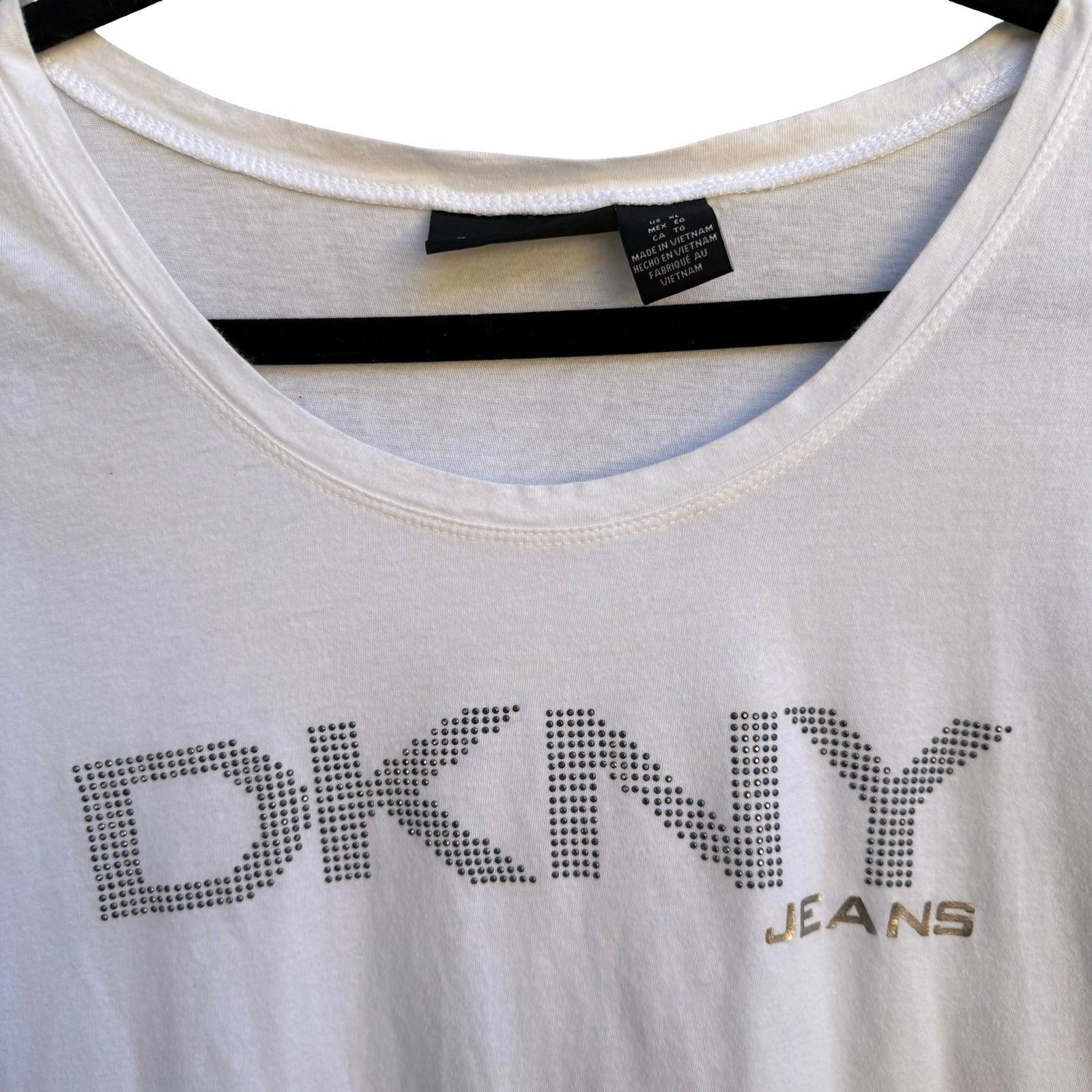 DKNY Jeans Y2K McBling Rhinestone Logo Scoop Neck Graphic Shirt White Womens XL