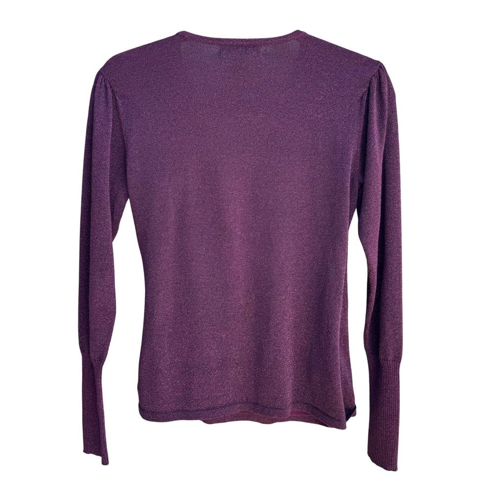 Calvin Klein Petites Womens Deep V Neck Purple Metallic Knit Wrap Blouse Top P/S