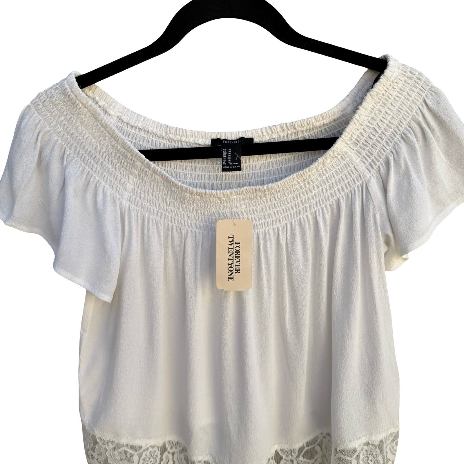 Forever 21 Cream Off the Shoulder Smocked Lace Trim Boho Coquette Top Medium NWT