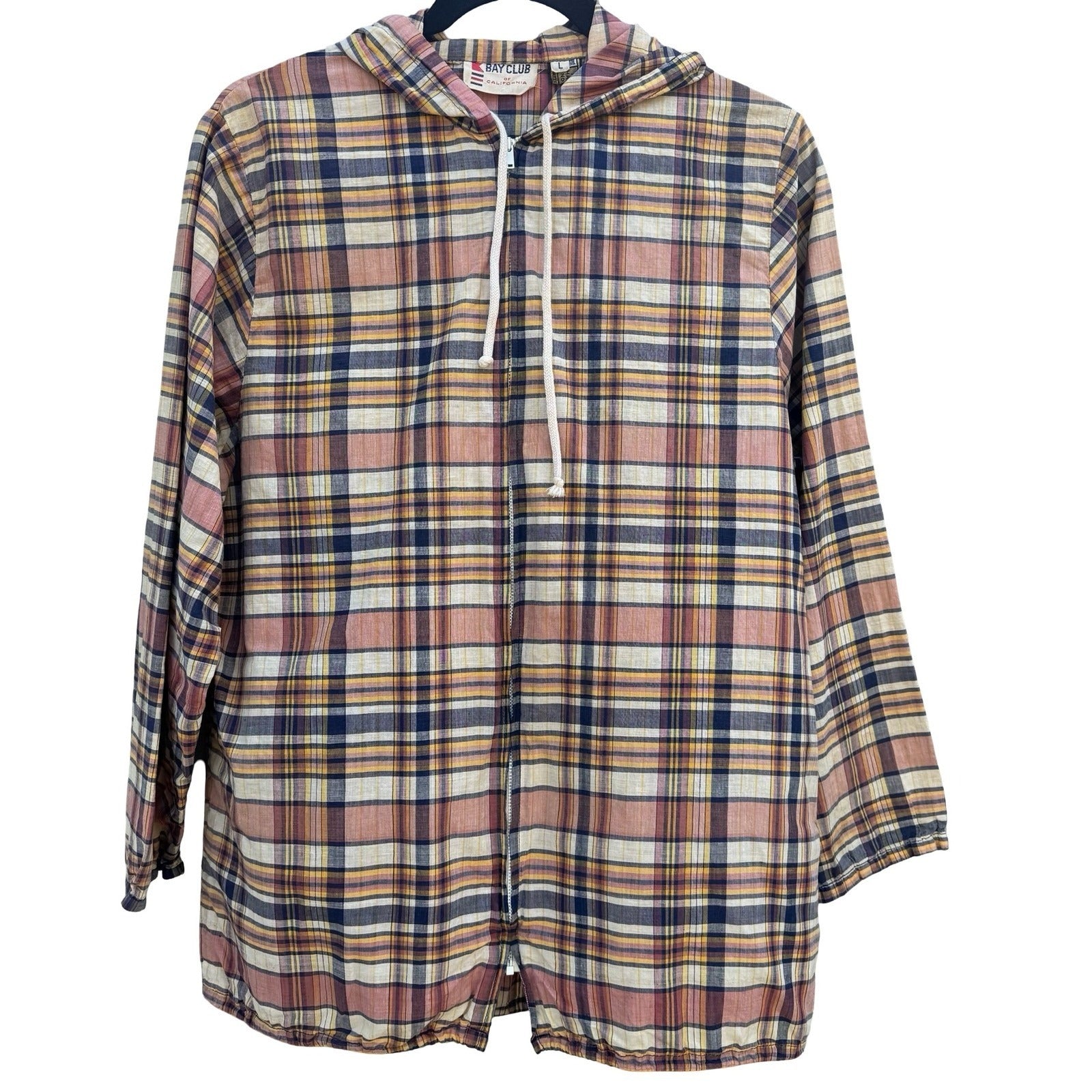 Bay Club California Vintage 60s 70s Plaid Zip Hooded Madras Windbreaker Jacket L