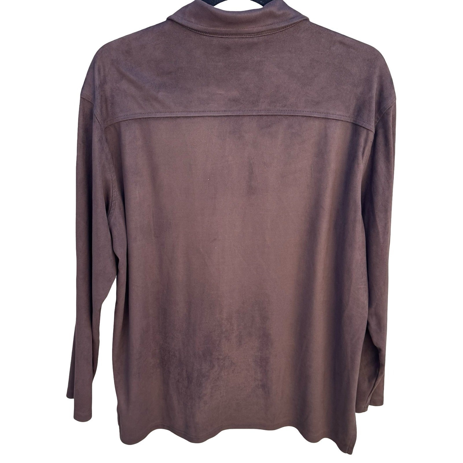 Chicos Design Womens Faux Suede Button Down Shirt Brown Long Sleeve Size 2 Large