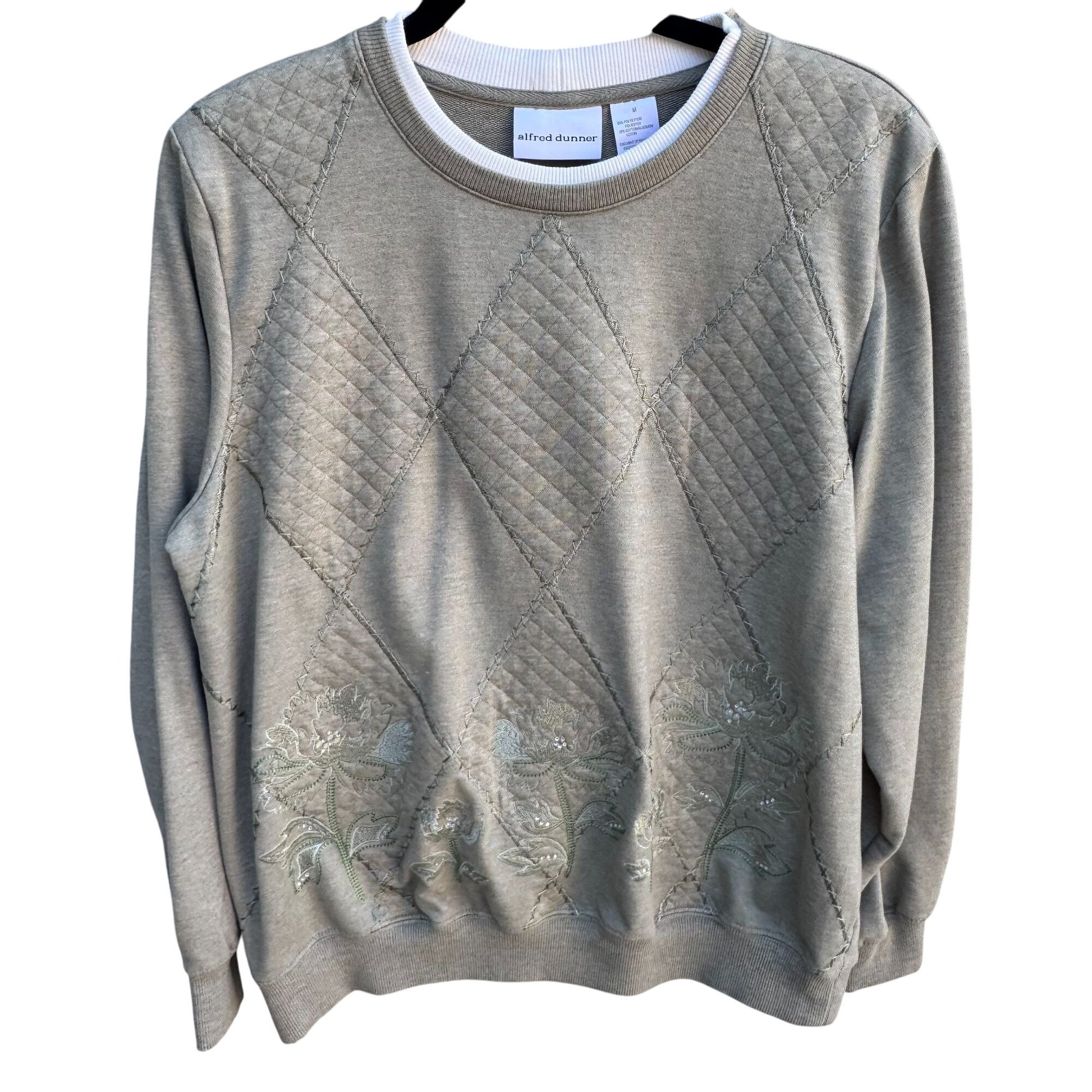 Alfred Dunner Womens Quilted Sweatshirt M Green Floral Embellished Pullover