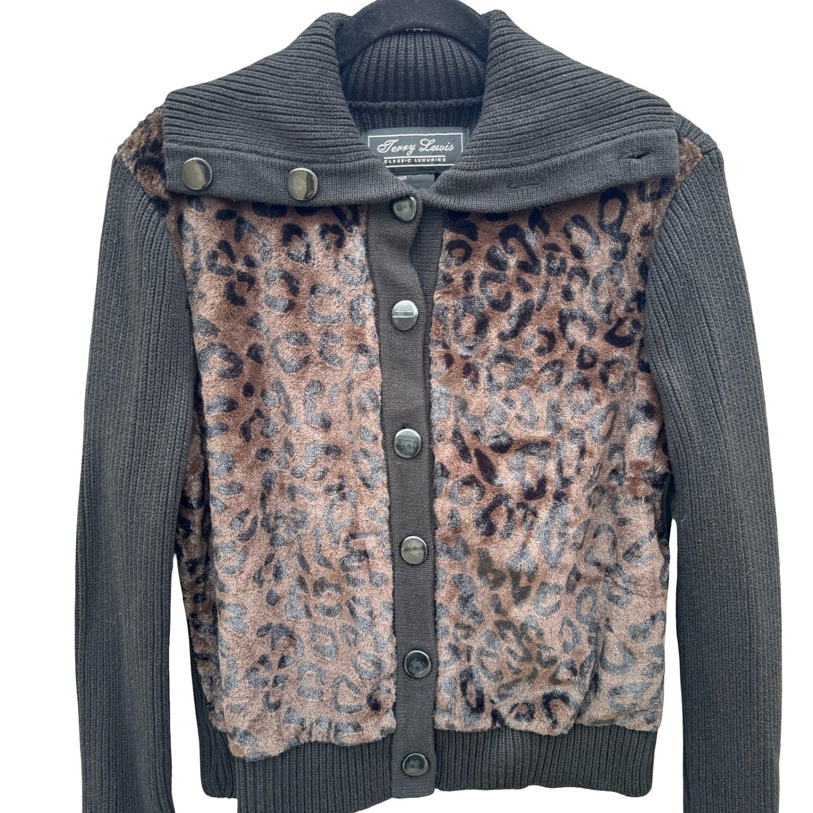 Terry Lewis Classic Luxury Leopard Faux Fur Ribbed Cardigan Sweater Black M New