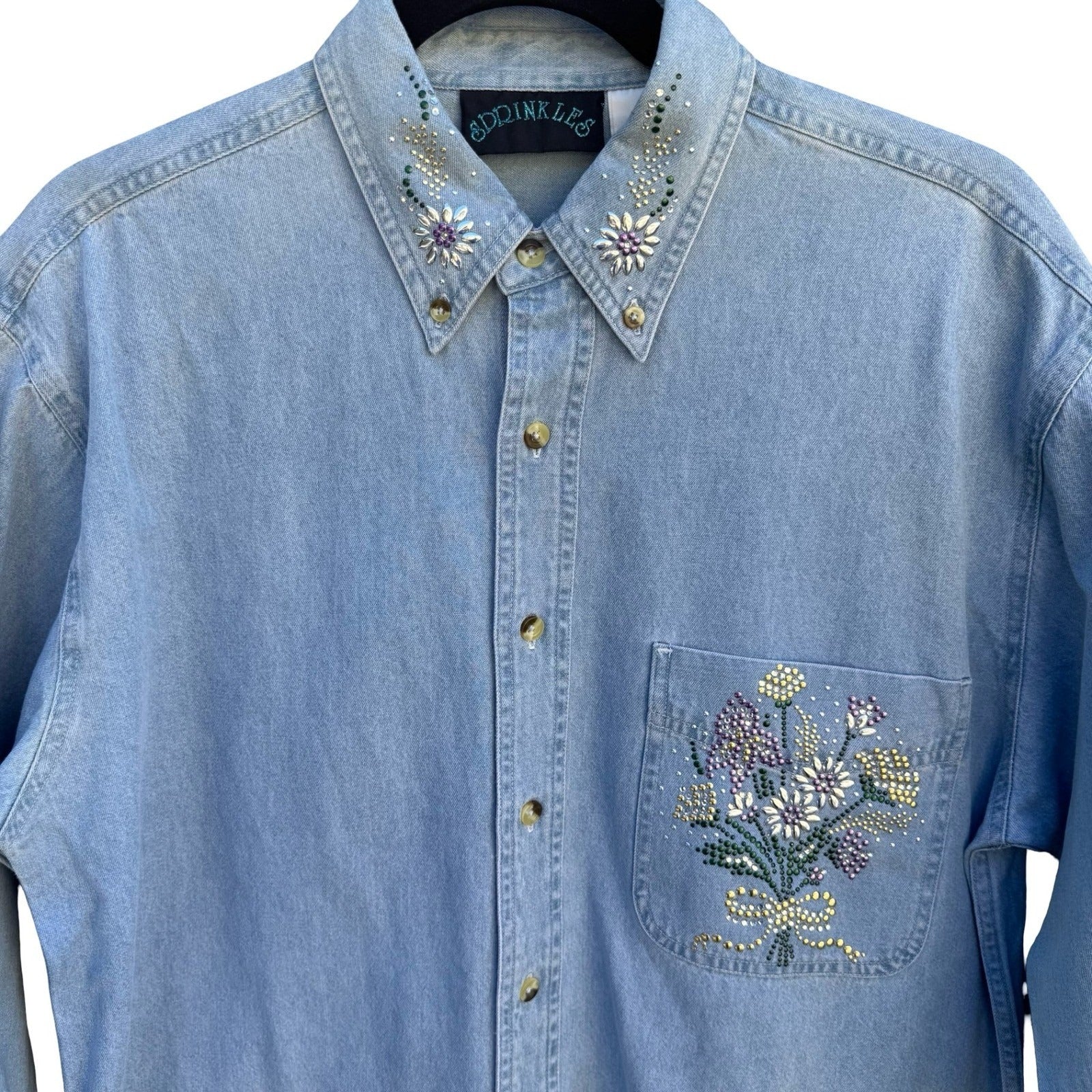 Sprinkles Vintage Denim Button Down Shirt Austrian Crystal Floral Light Wash S