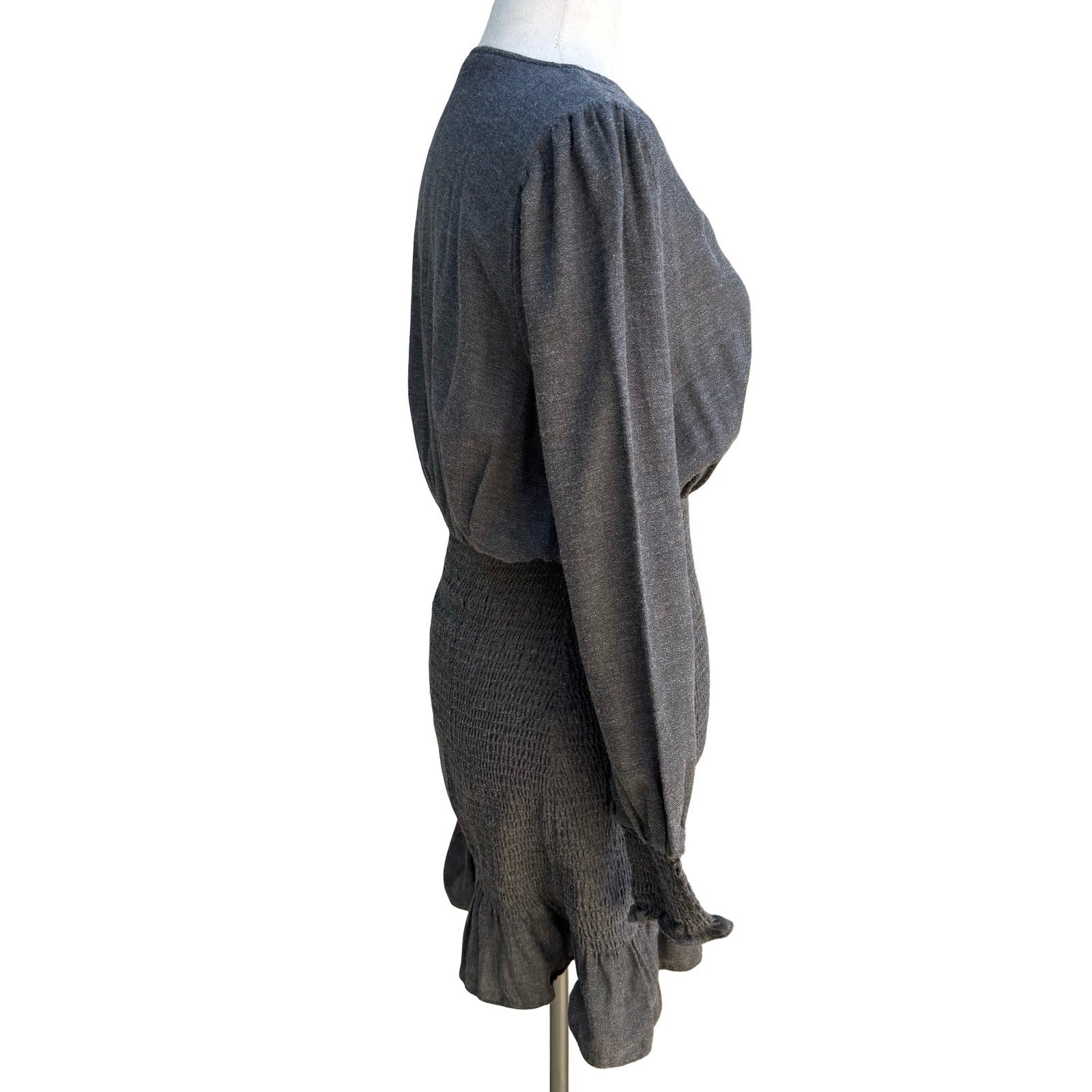 Zara Minimalist Cocktail Smocked V-Neck Ruffle Hem Party Chic Mini Dress Grey S