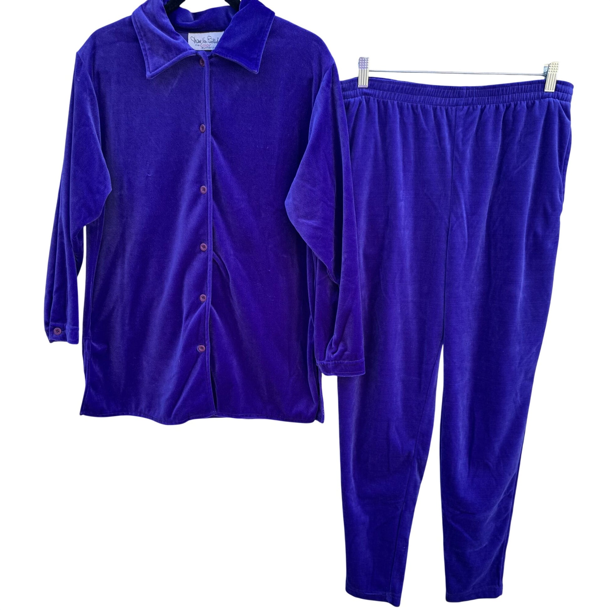 Diane Von Furstenberg Ladies XS Purple Velour Lounge Set Button-Up Top Pants