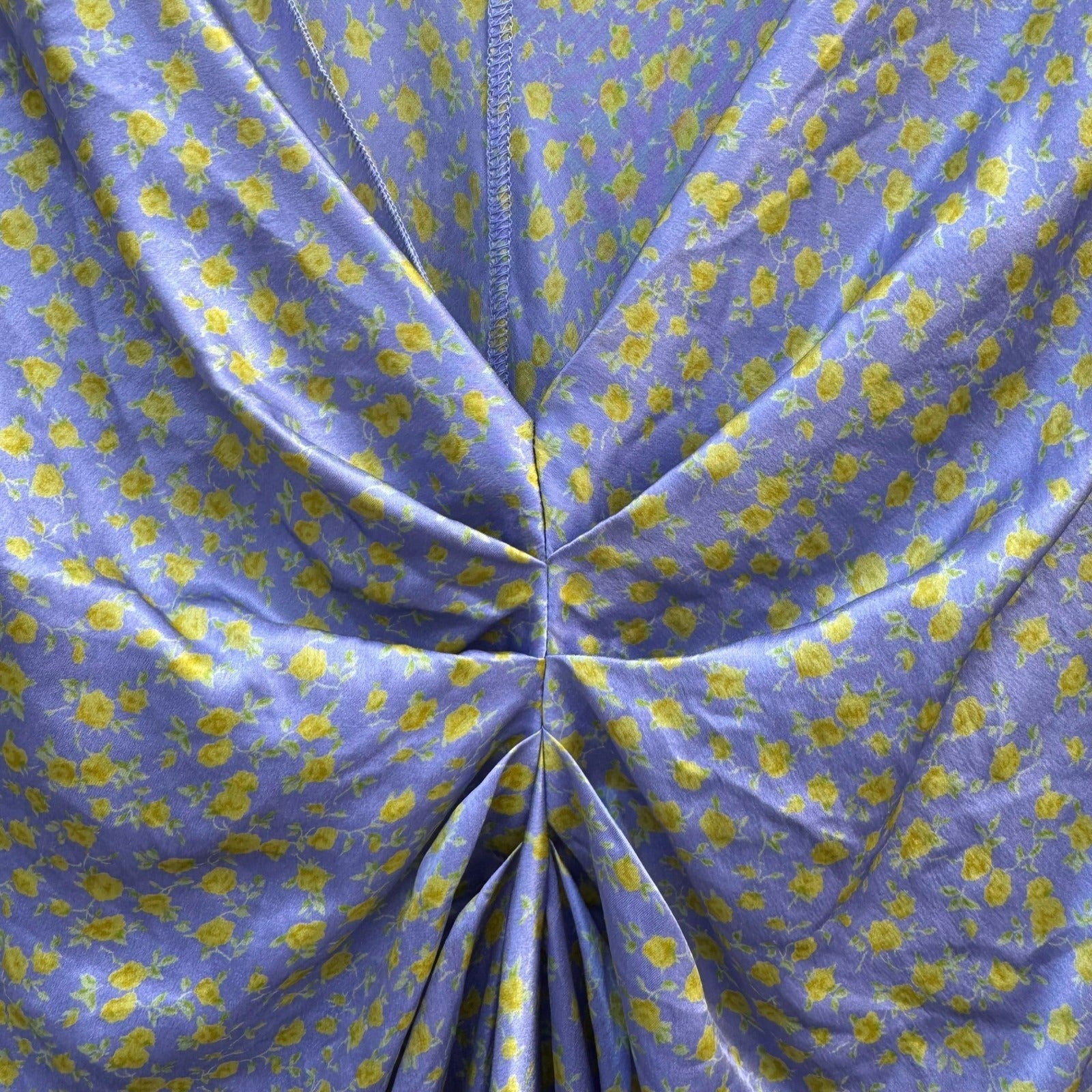 Suzanne Somers Purple Yellow Floral 100% Silk Ruched Handkerchief Hem Blouse M