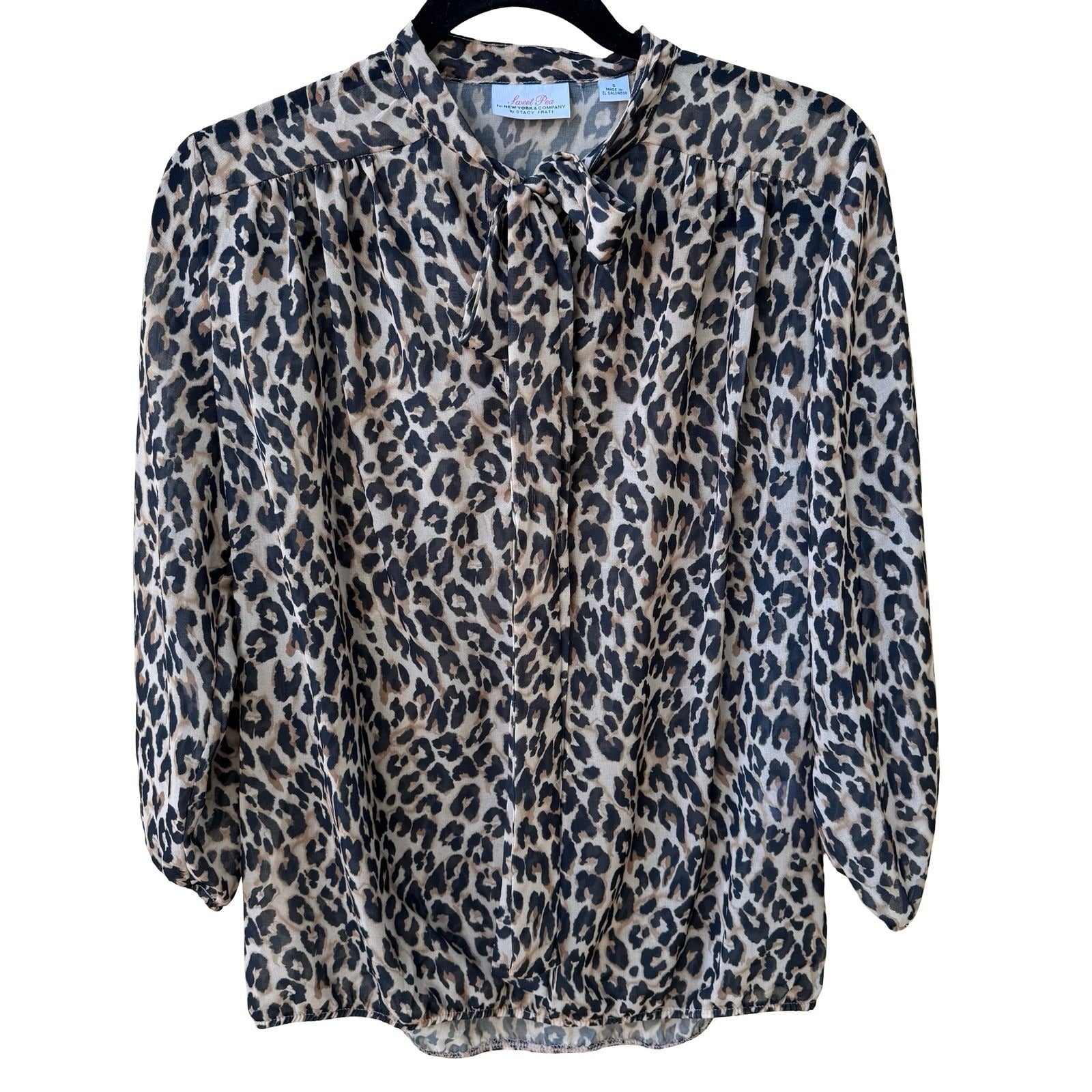 Sweet Pea NY Co Sheer Edgy Leopard Print Mob Wife Blouson Bow Blouse Brown S
