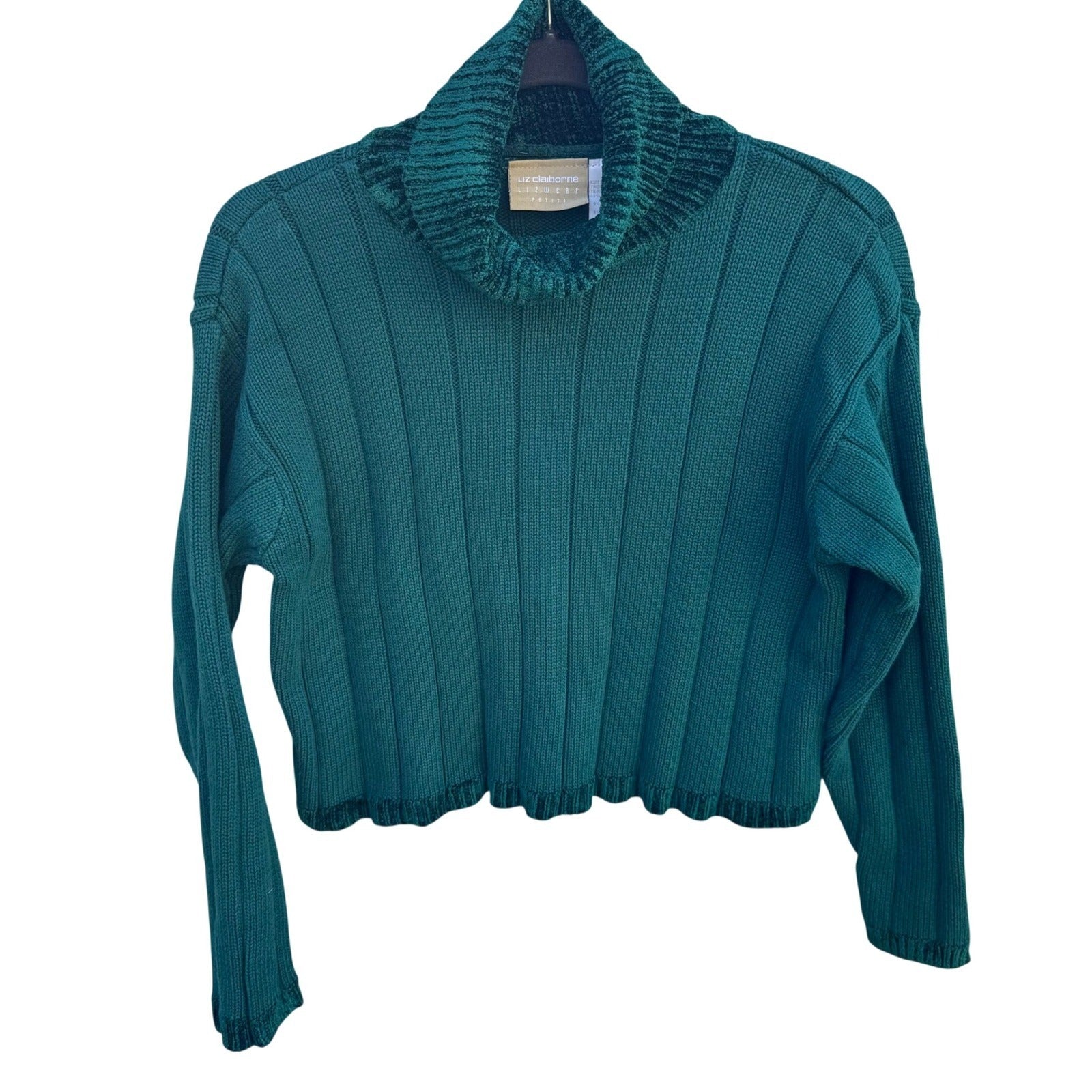 Liz Claiborne Lizwear Cropped Green Ribbed Turtleneck Sweater Chenille Womens S