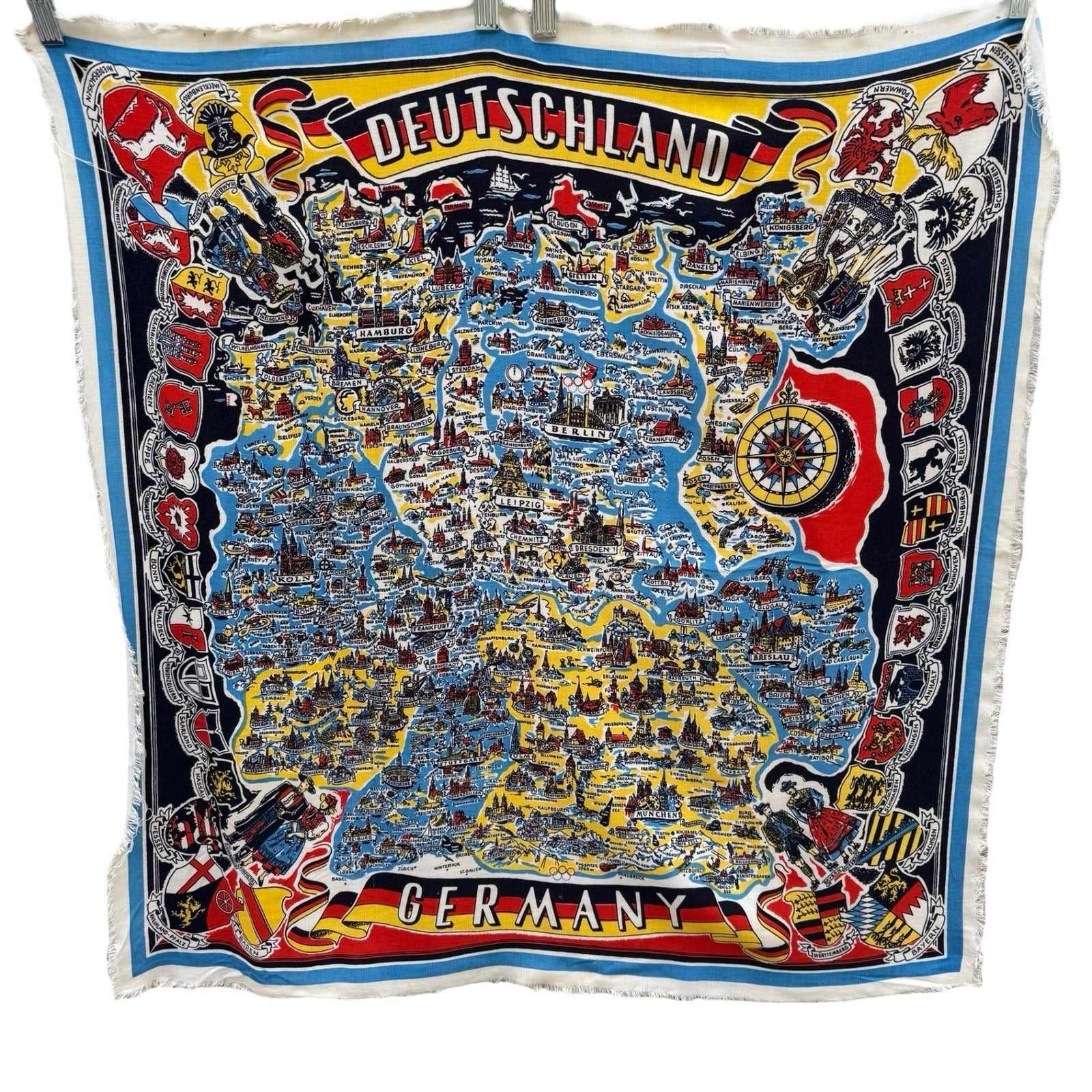 Vintage Deutschland Germany Map Souvenir Scarf Illustrated Heraldic Crests Multi