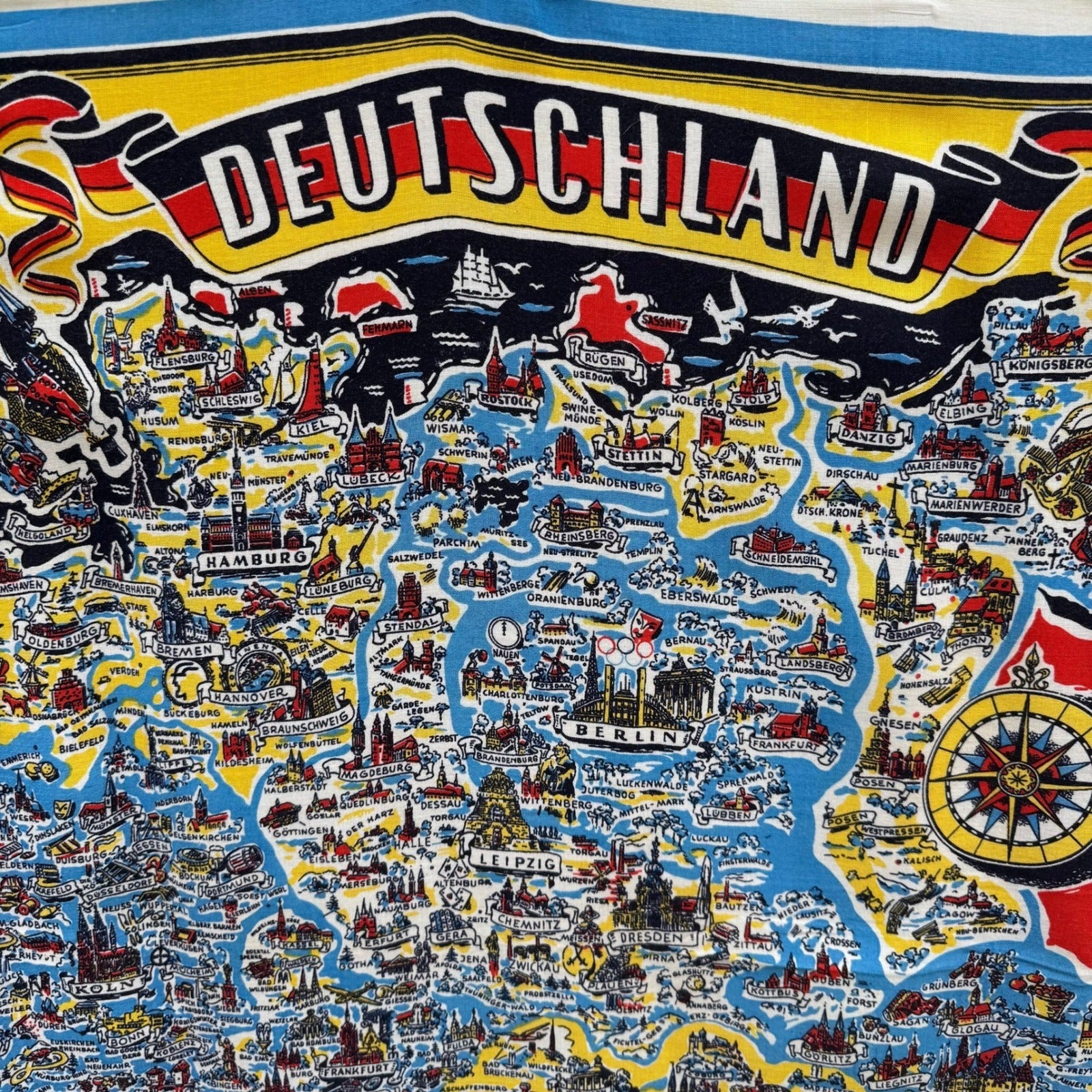 Vintage Deutschland Germany Map Souvenir Scarf Illustrated Heraldic Crests Multi