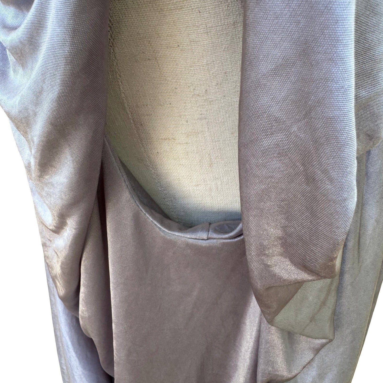 MM Couture Miss Me Draped Cape Back Shimmer Metallic Blouse Scoop Neck Grecian S