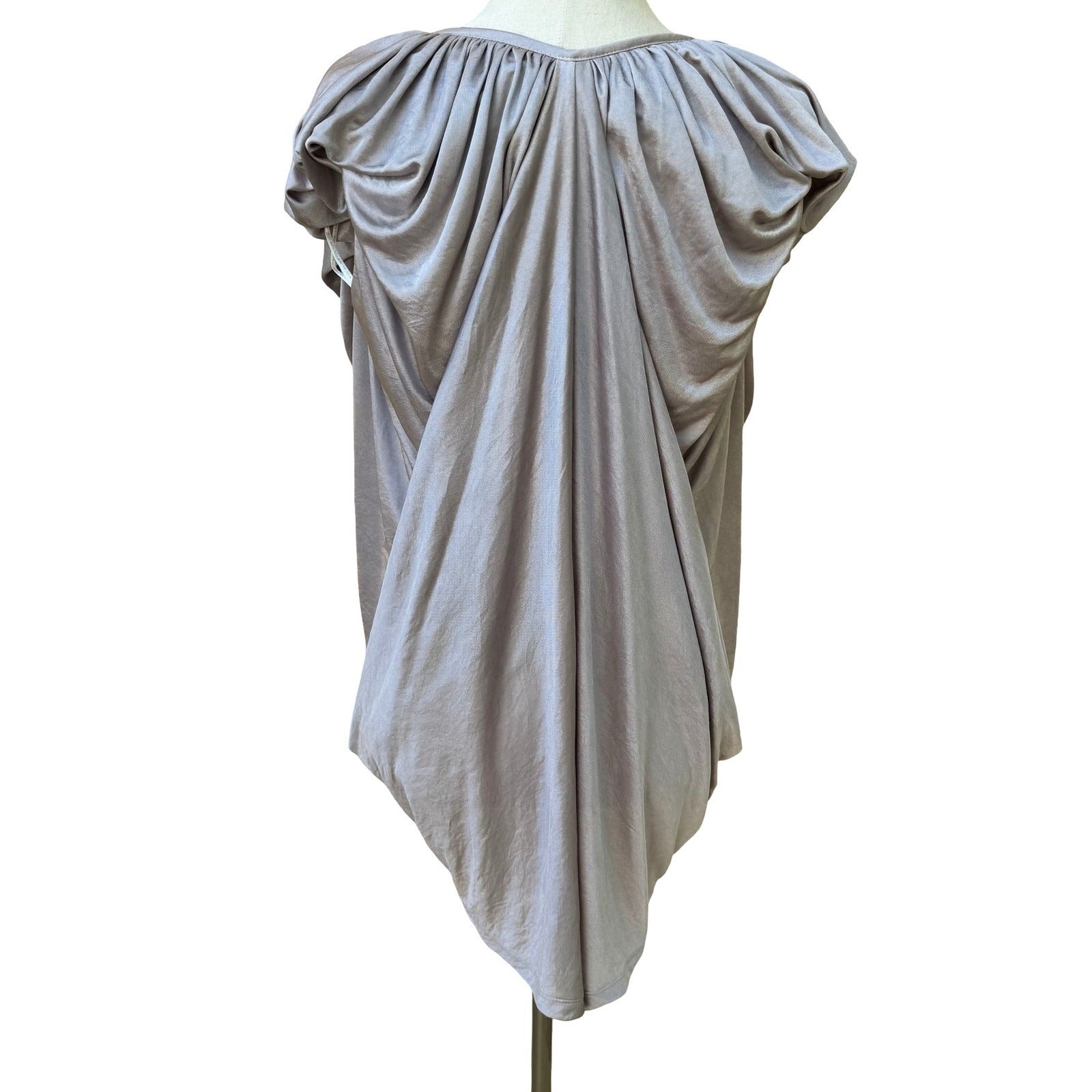 MM Couture Miss Me Draped Cape Back Shimmer Metallic Blouse Scoop Neck Grecian S