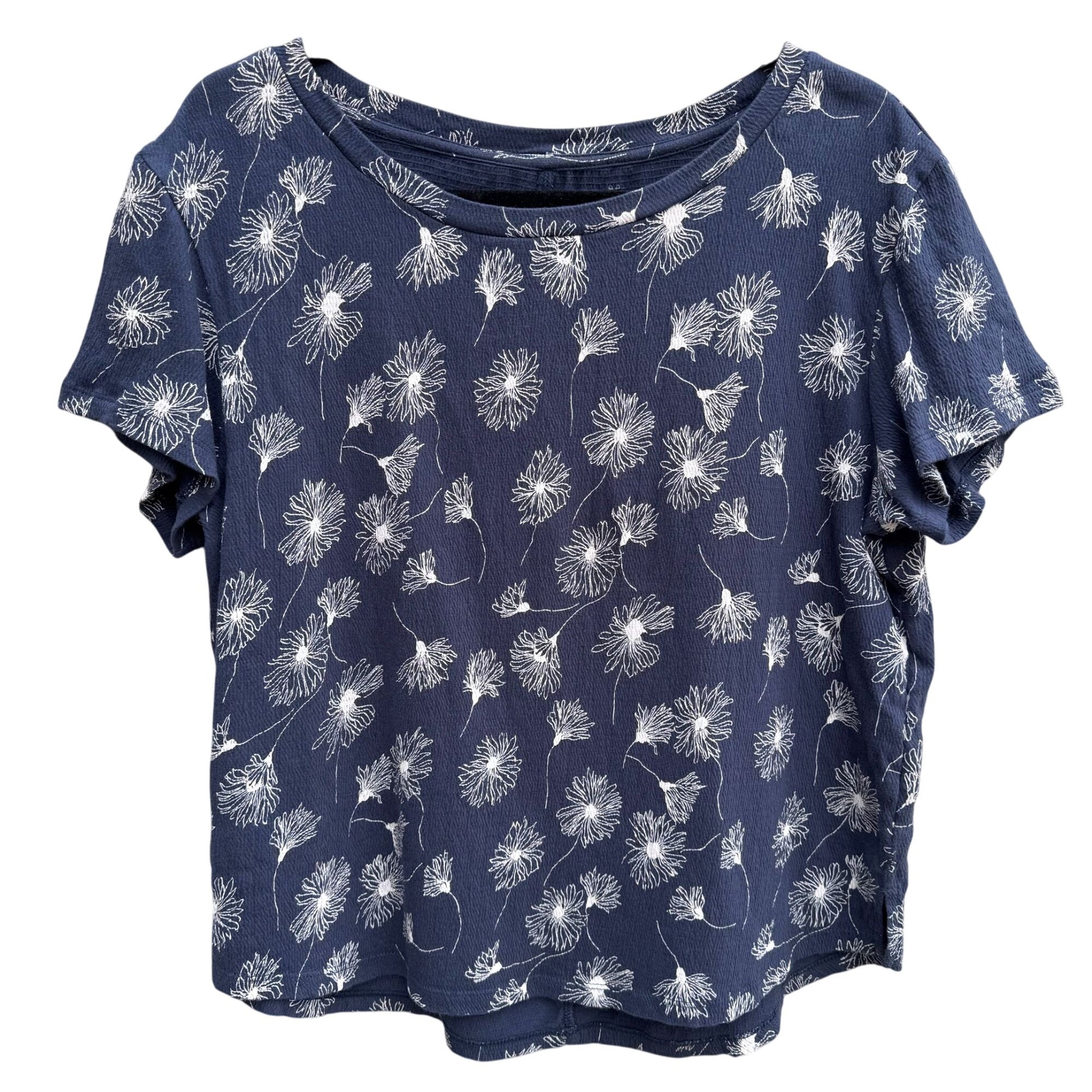Caslon Womens Navy Short Sleeve Waffle Knit Boat Neck Floral Print Blouse Top S