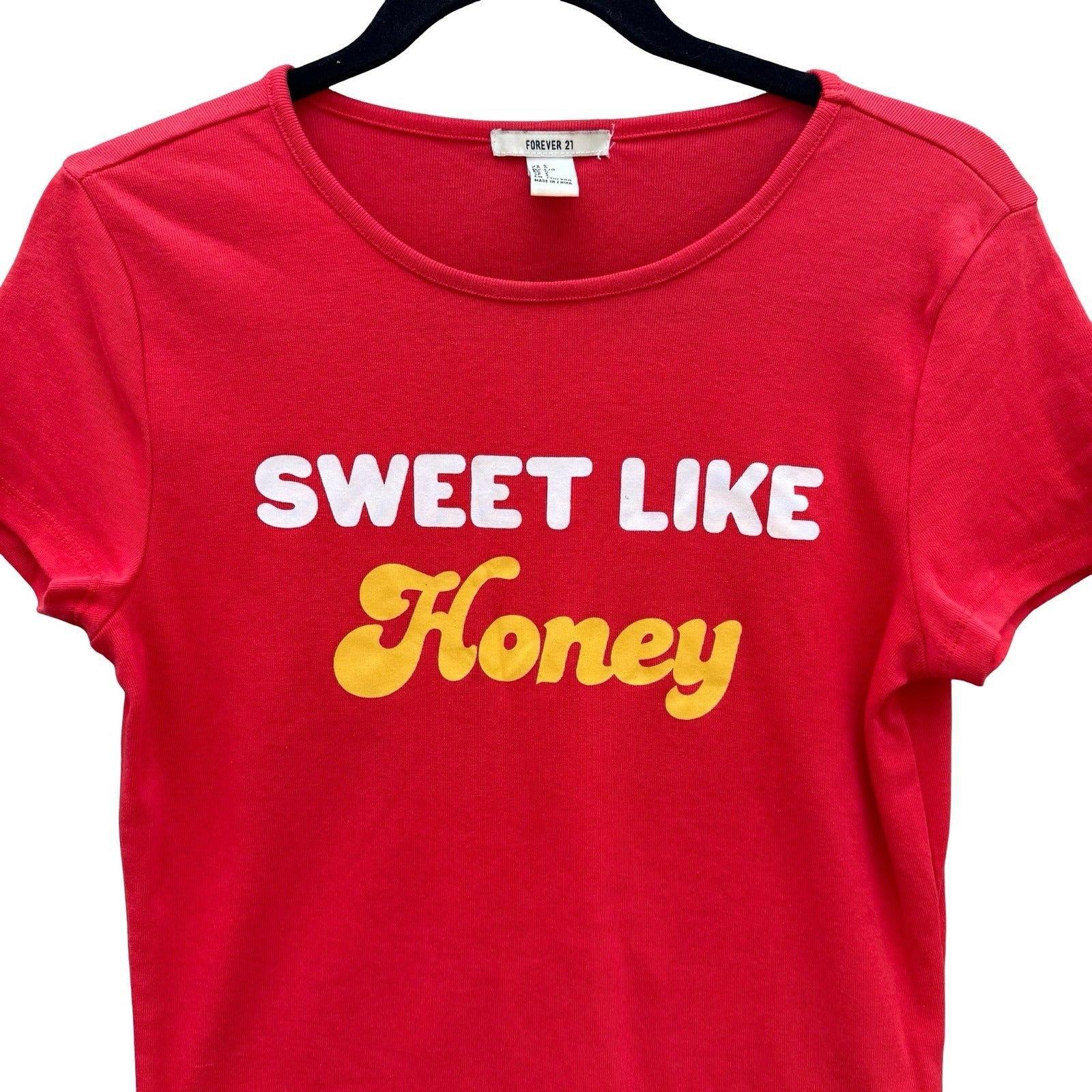 Forever 21 Womens Sweet Like Honey Graphic Babydoll Tee Red Short Sleeve Shirt L