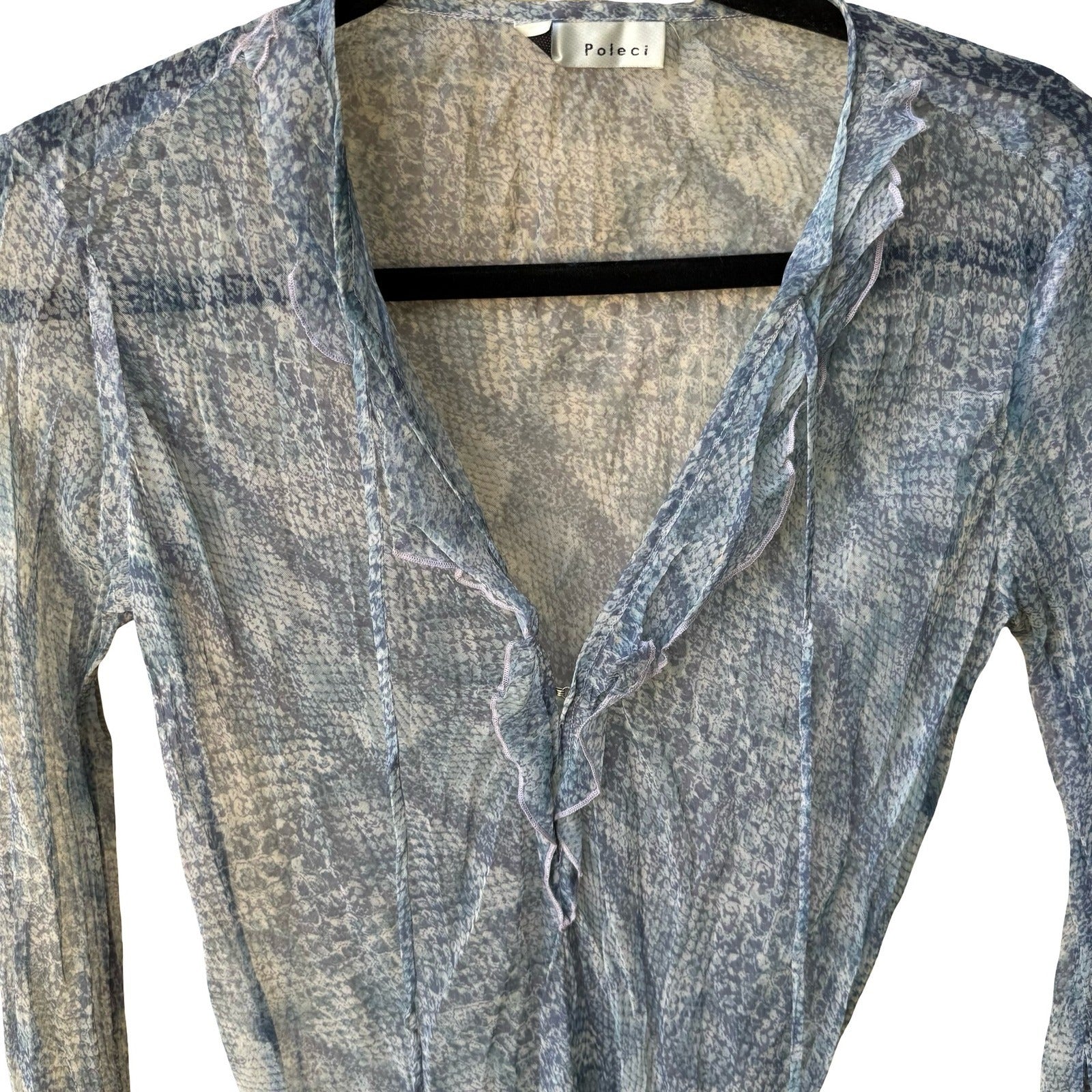 Poleci Y2K Silk Snakeskin Print Sheer Fairy Ruffle Boho Indie Romantic Blouse