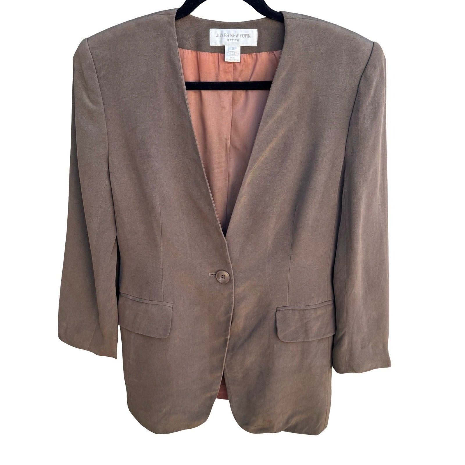Jones New York Petite 6P Silk Skirt Suit Set Taupe Brown Collarless Blazer Mini