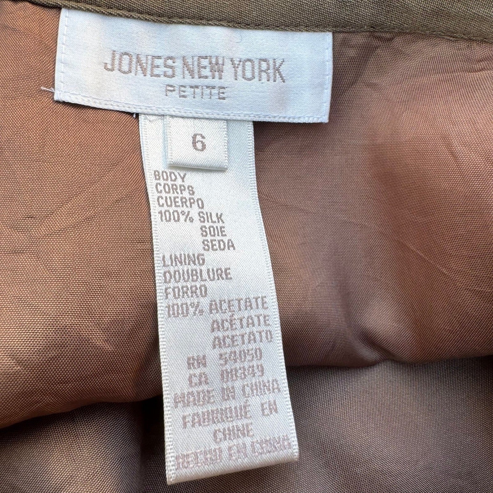 Jones New York Petite 6P Silk Skirt Suit Set Taupe Brown Collarless Blazer Mini