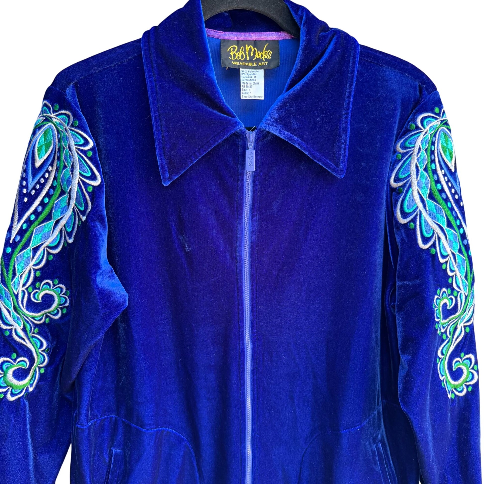 Bob Mackie Wearable Art Vintage Womens Retro Blue Embroidered Velvet Zip Jacket S