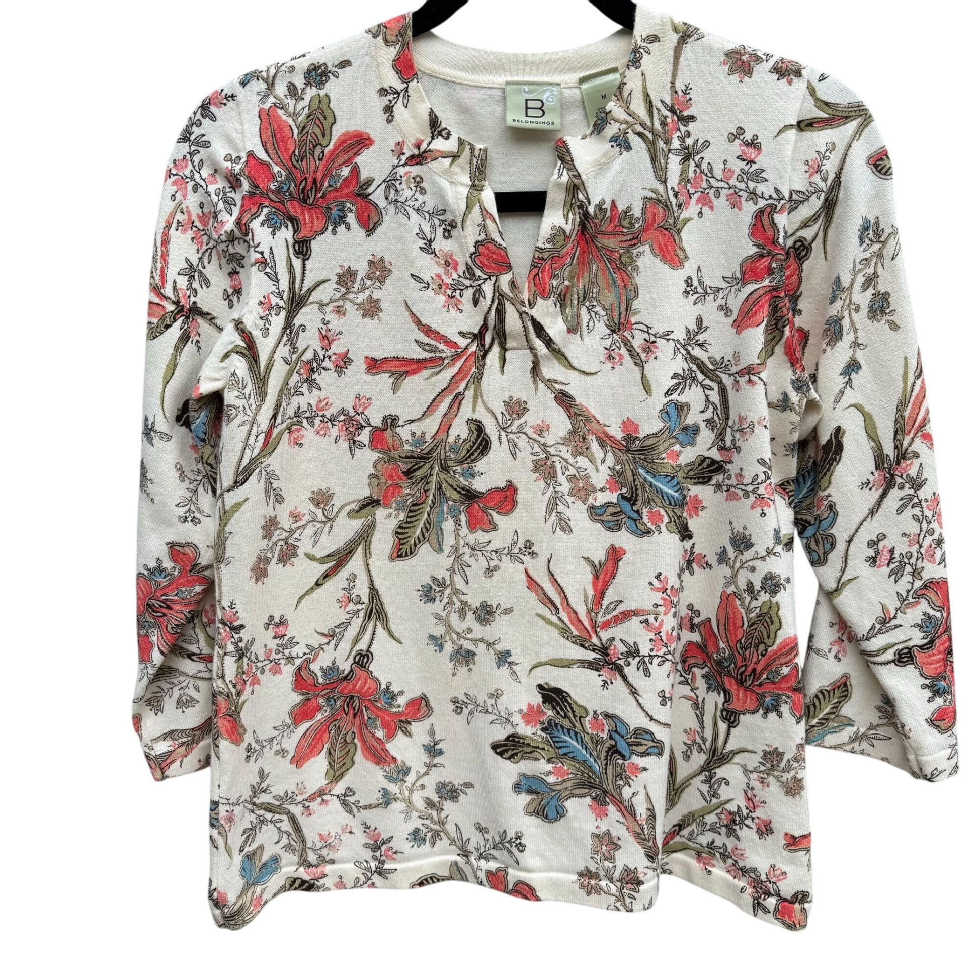 Belongings Floral Print Womens 3/4 Sleeve Knit Split Neck Multicolor Shirt Top M