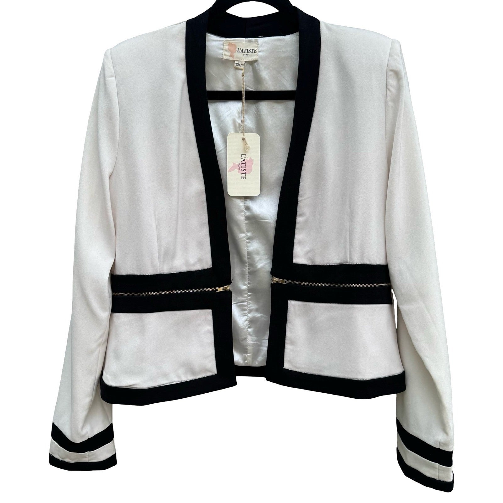 L'Atiste Amy Colorblock Open Front Zipper Tailored Blazer L NEW Professional