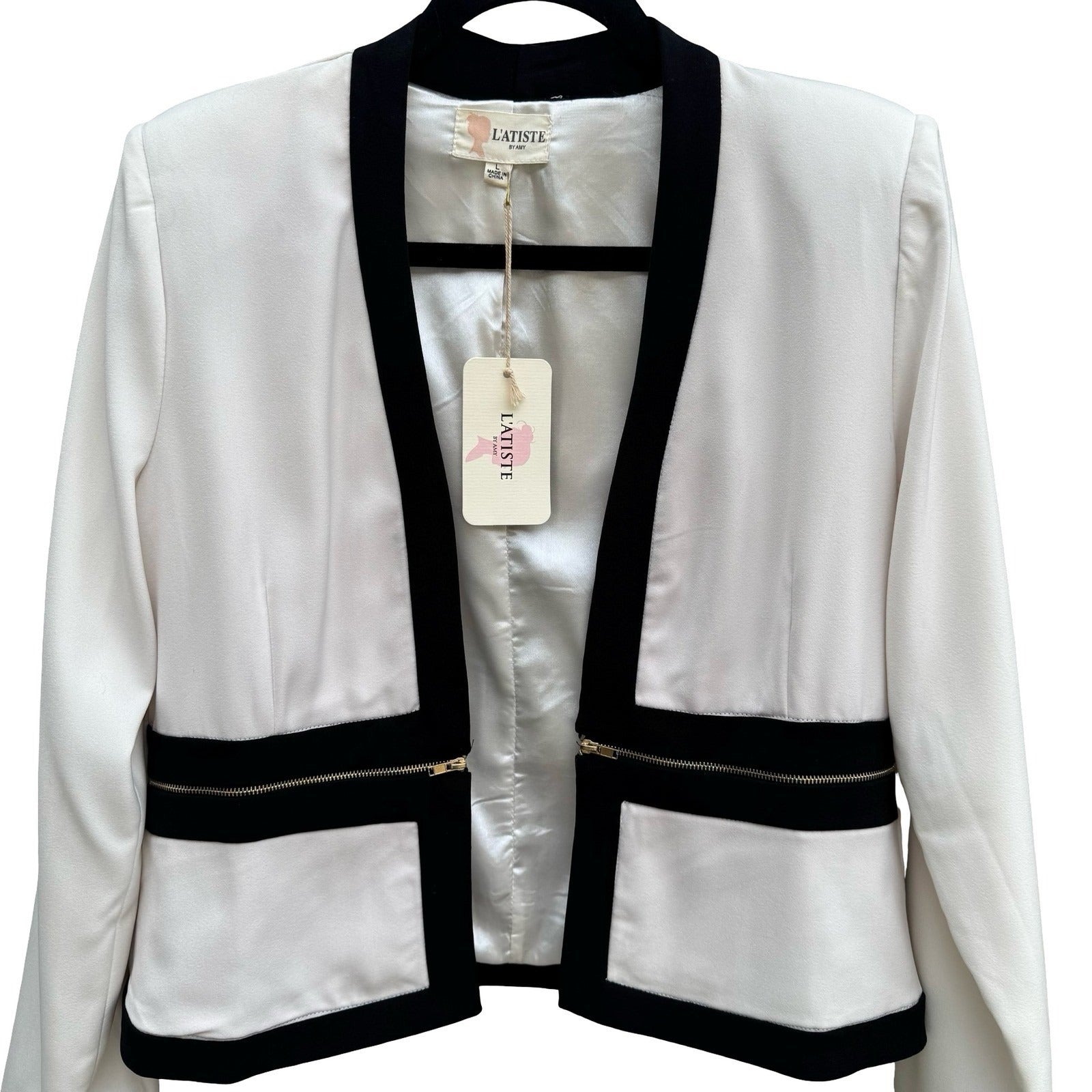 L'Atiste Amy Colorblock Open Front Zipper Tailored Blazer L NEW Professional